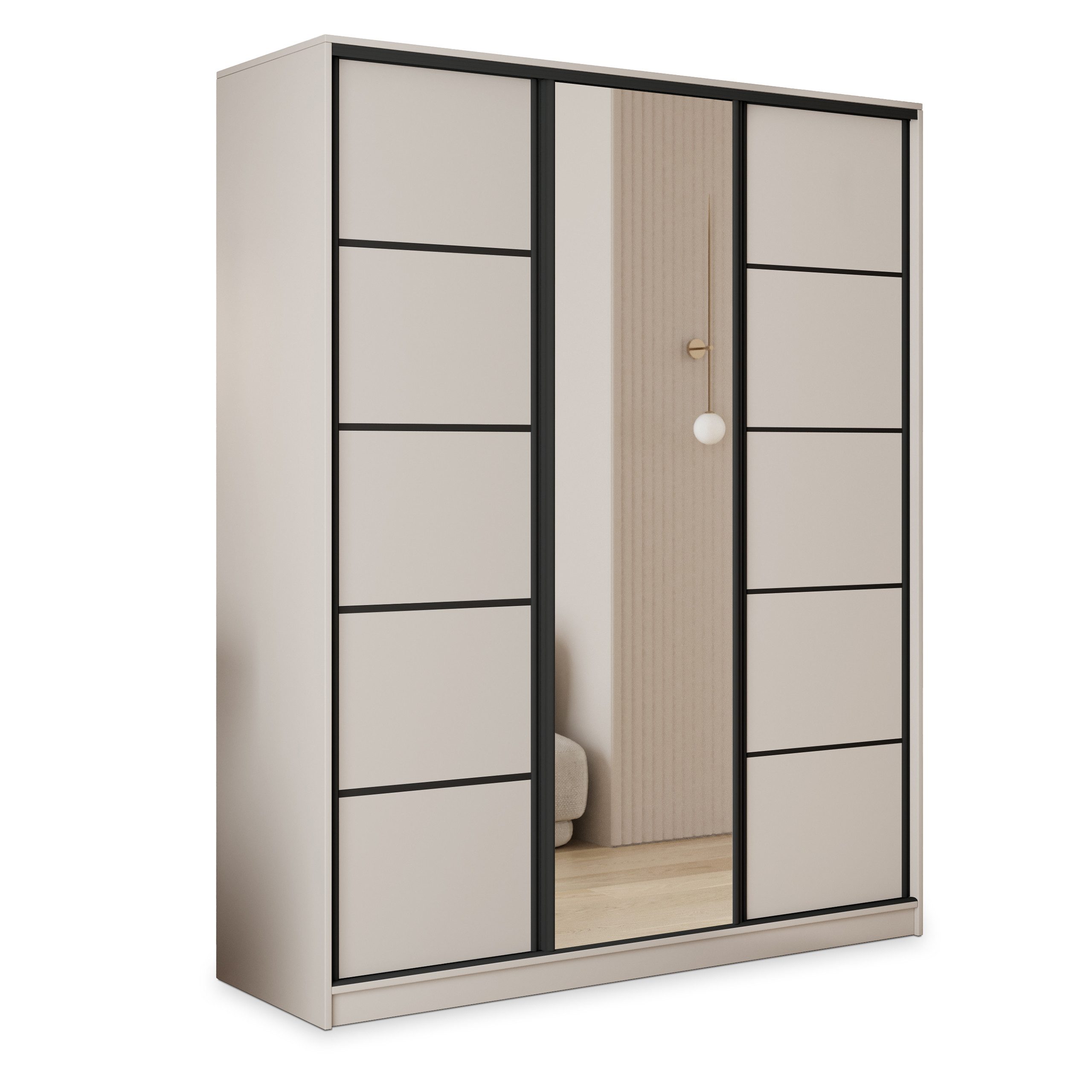 Masseno Schwebetürenschrank PINA 150 cm Kleiderschrank mit Spiegel 3 Türen Kaschmir