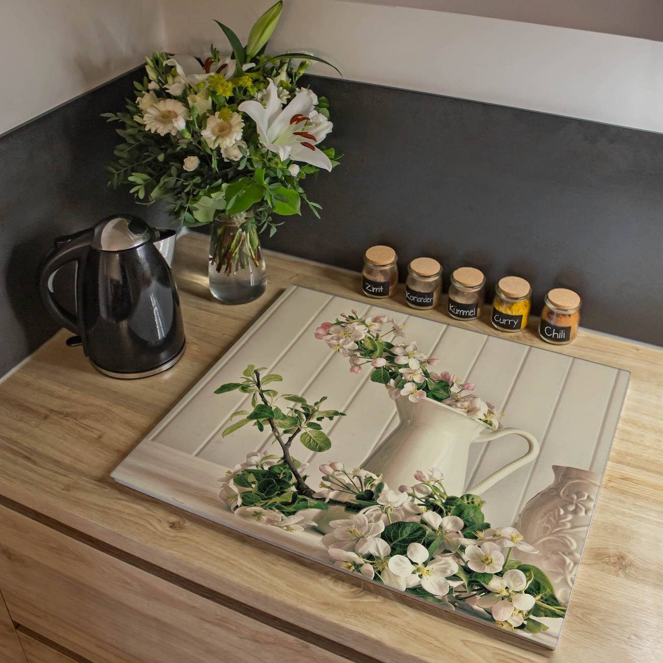 banjado Herd-Abdeckplatte Glas Stillleben Kirschblüten, (gehärtet, 1 tlg., inkl. selbstklebende Gummifüßchen)