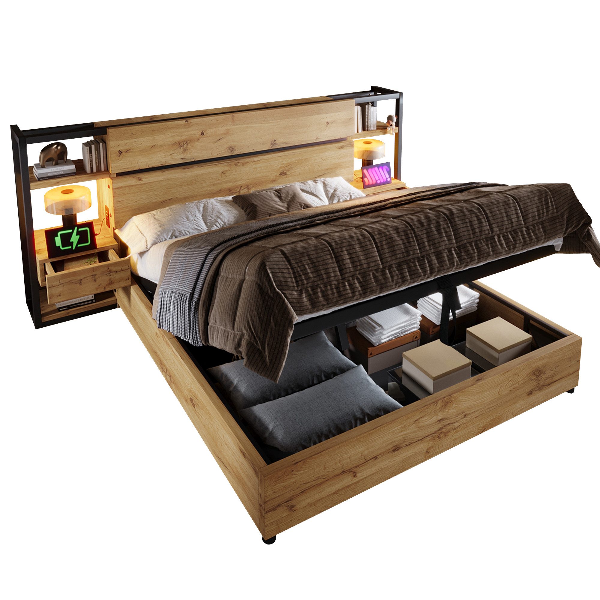 MODFU Holzbett mit Schubladen und Stauraum (Doppelbett, 1-tlg., 180×200cm, Ohne Matratze), mit USB&Type-C Ladeanschluss
