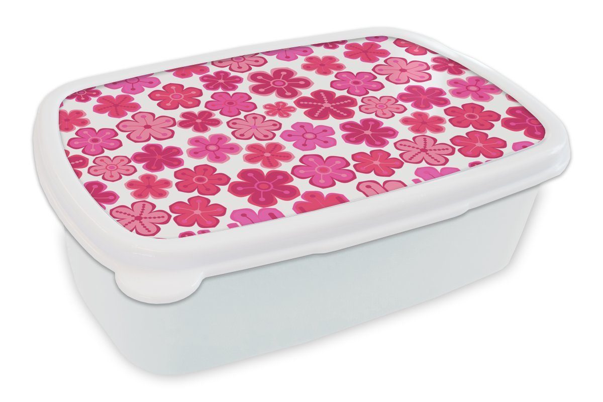 MuchoWow Lunchbox Blumen - Rosa - Muster, Kunststoff, (2-tlg), Brotbox für Kinder und Erwachsene, Brotdose, für Jungs und Mädchen weiß