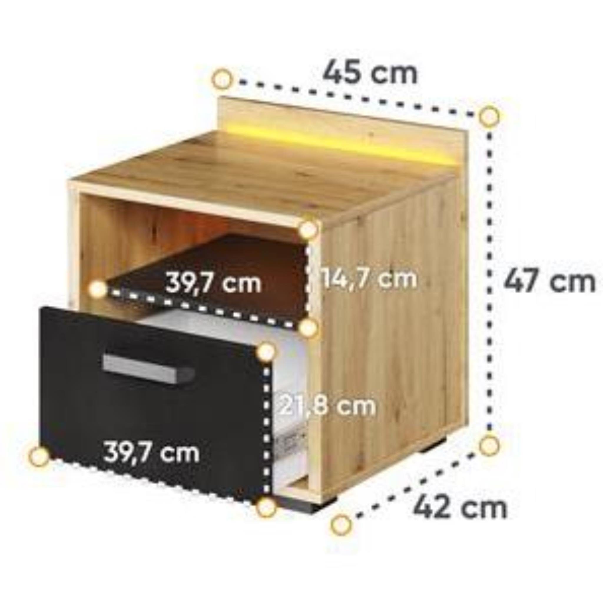 Nachtkommode, Schrank H Qubic (modernes x Nachtschrank), x (B 42 Beautysofa cm 1 x Schublade 47 Nachttisch LED-Beleuchtung, 45 Holz x T)