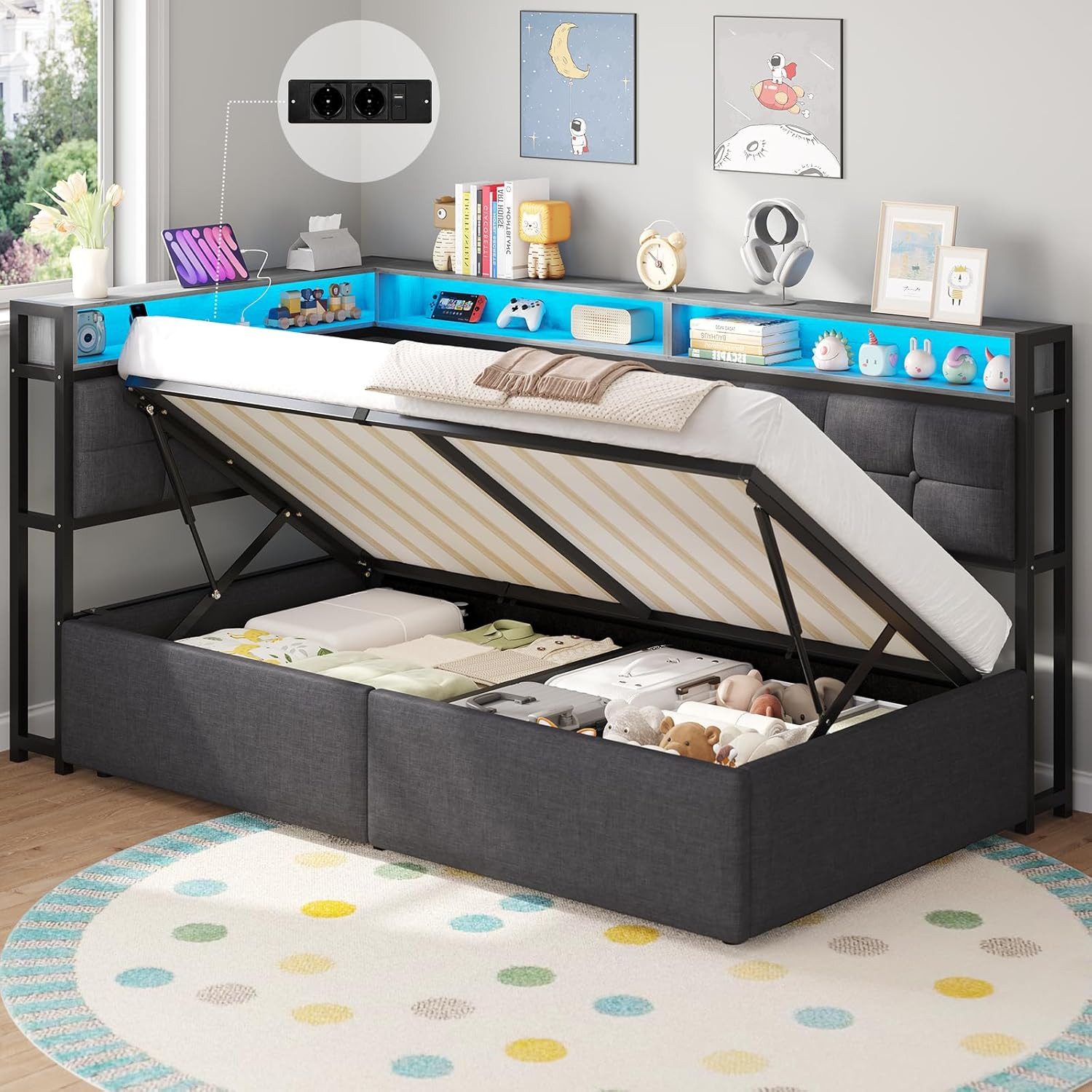 MSMASK Polsterbett Daybett, Jugendbett mit LED-Beleuchtung, Ladefunktion, Zweistöckiges Ablagefach