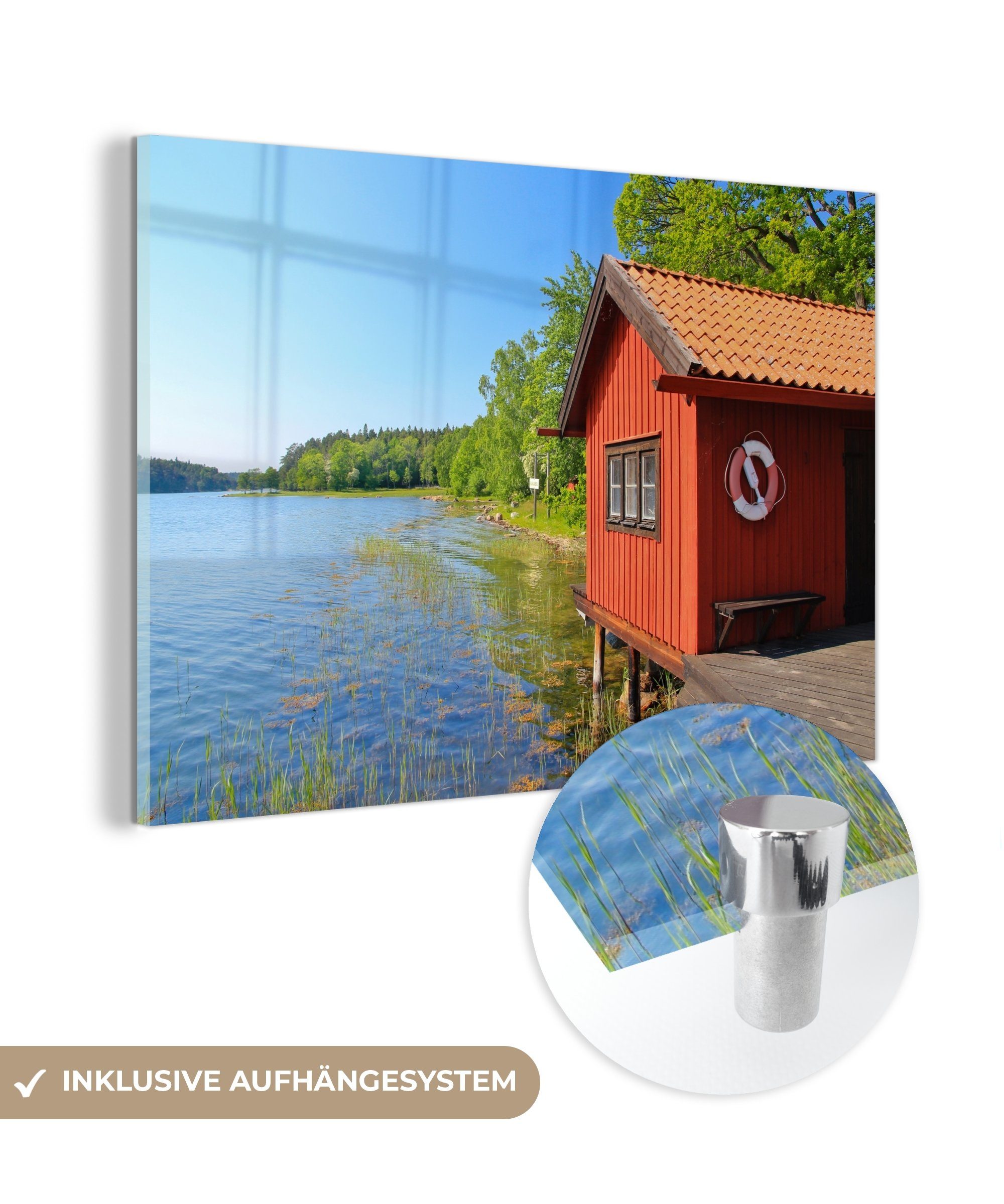 MuchoWow Acrylglasbild Holzhaus an einem ruhigen See im Ängsö-Nationalpark, Schweden, (1 St), Acrylglasbilder Wohnzimmer & Schlafzimmer