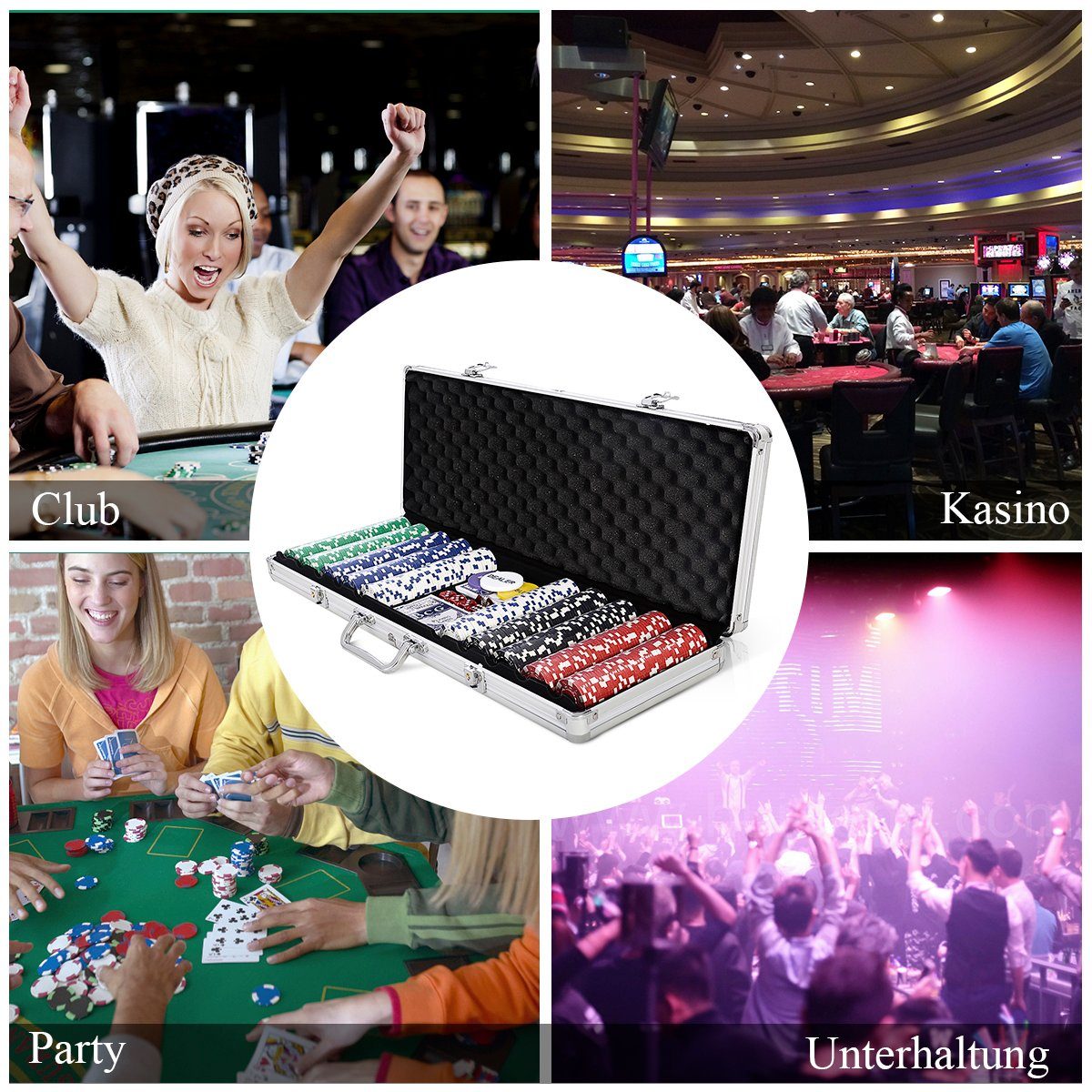 COSTWAY Spiel 500 Chips Pokerkoffer, Pokerset, mit Tuch