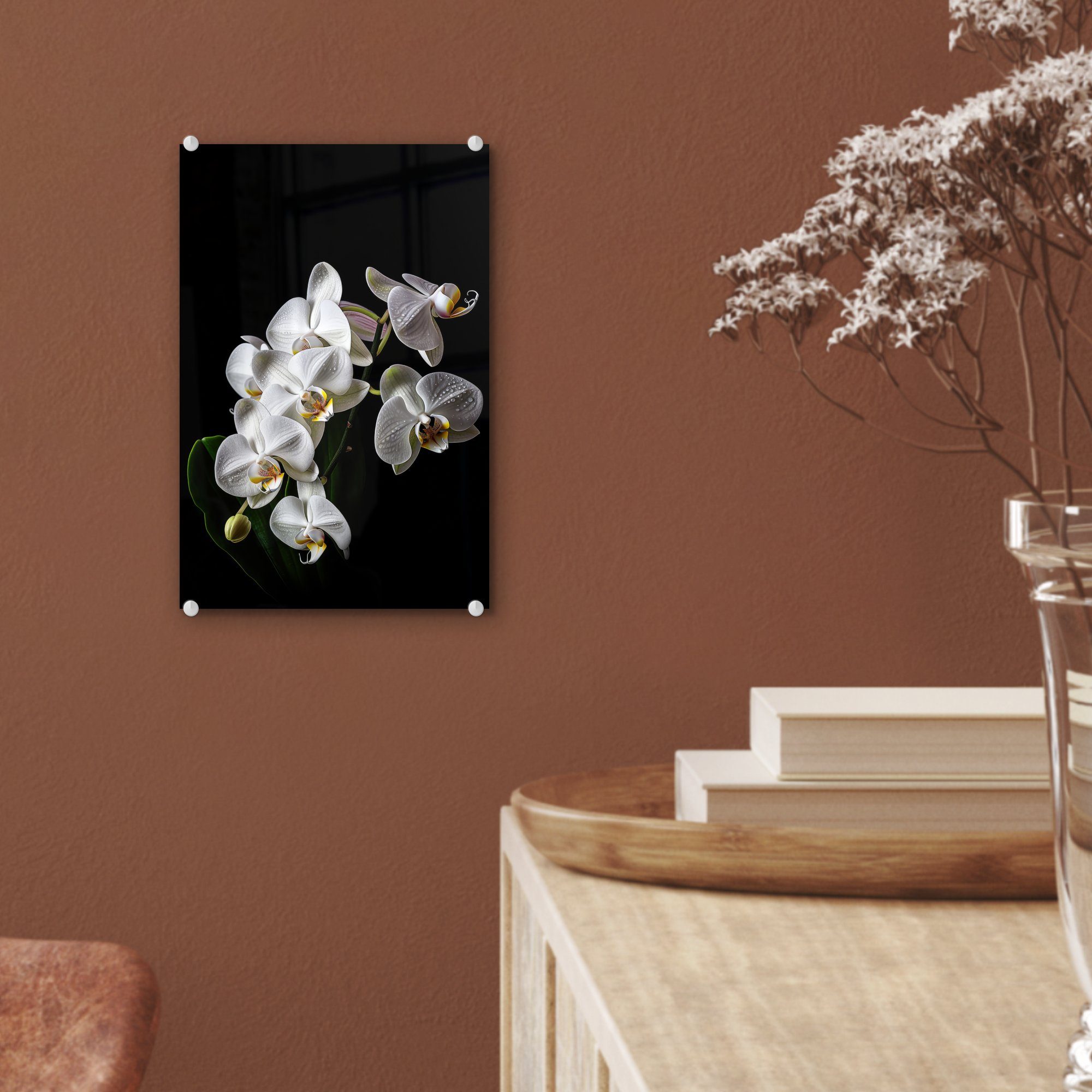 Bilder - - MuchoWow Weiß Natur Blumen auf - (1 Glasbilder Glas Acrylglasbild Schwarz, Wanddekoration Orchidee auf - Wandbild St), - - Glas Foto -