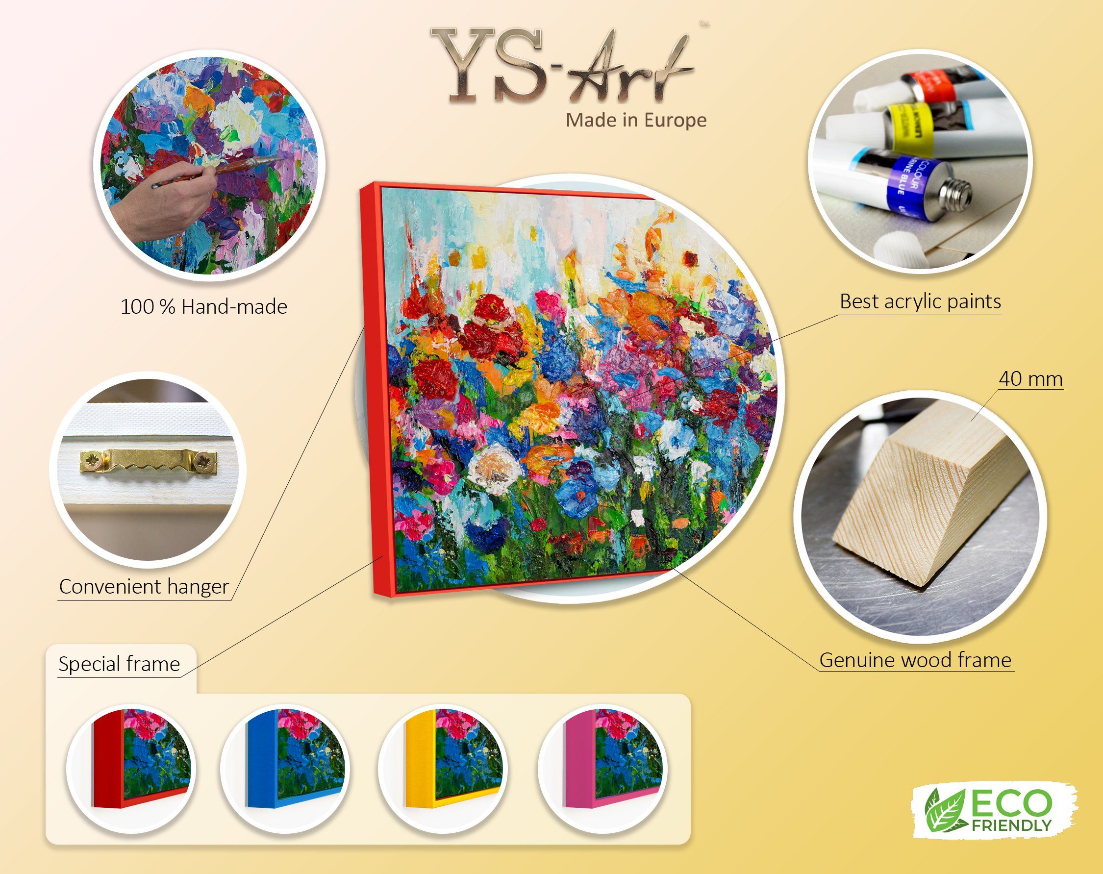 YS-Art Gemälde Blumige Farben, Blumen in Rosa Rahmen Mit