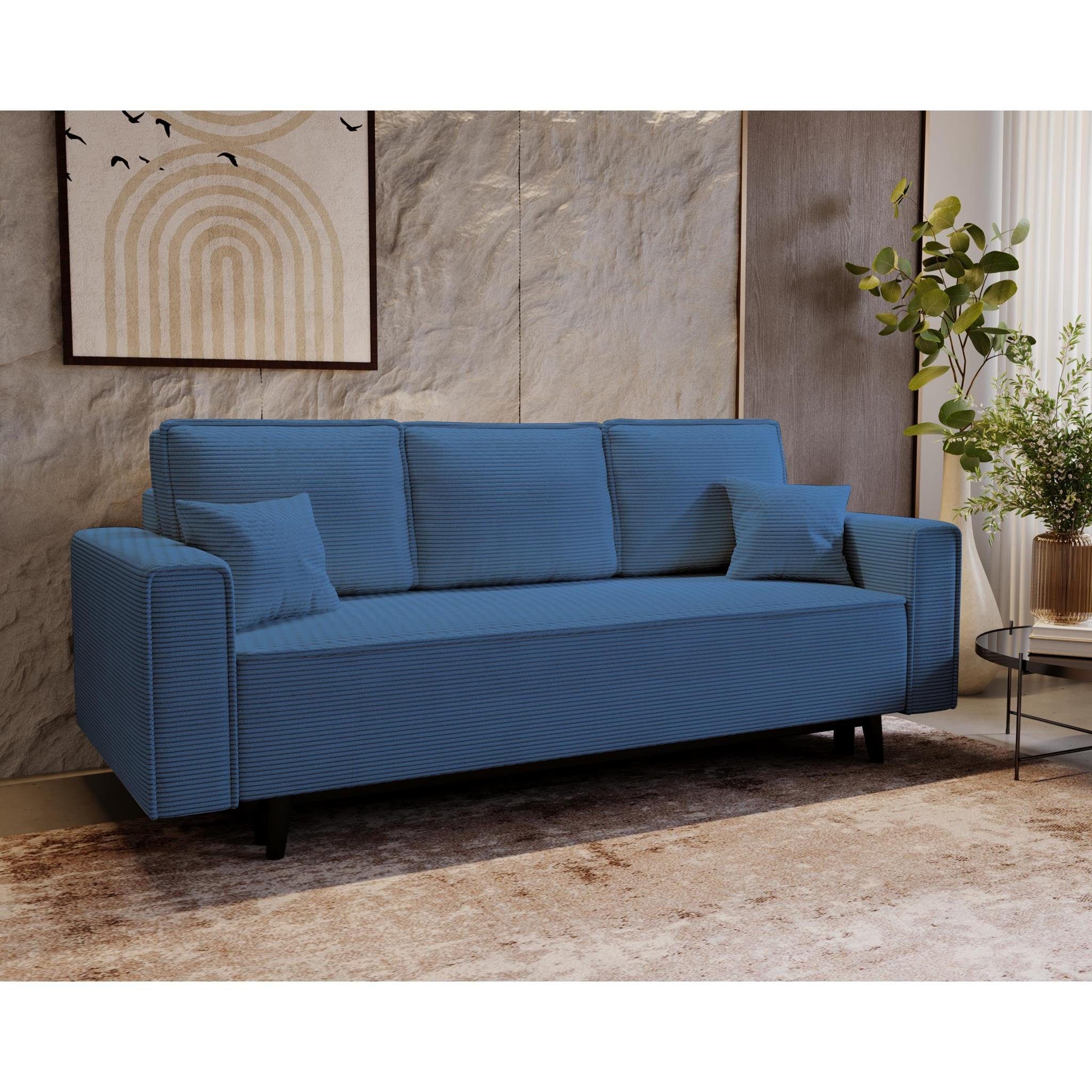 Beautysofa Schlafsofa Monte, stilvoll Polstersofa, mit Relaxfunktion, Cord-Bezug, Bettkasten, 225x95 cm Blau (poso 05)