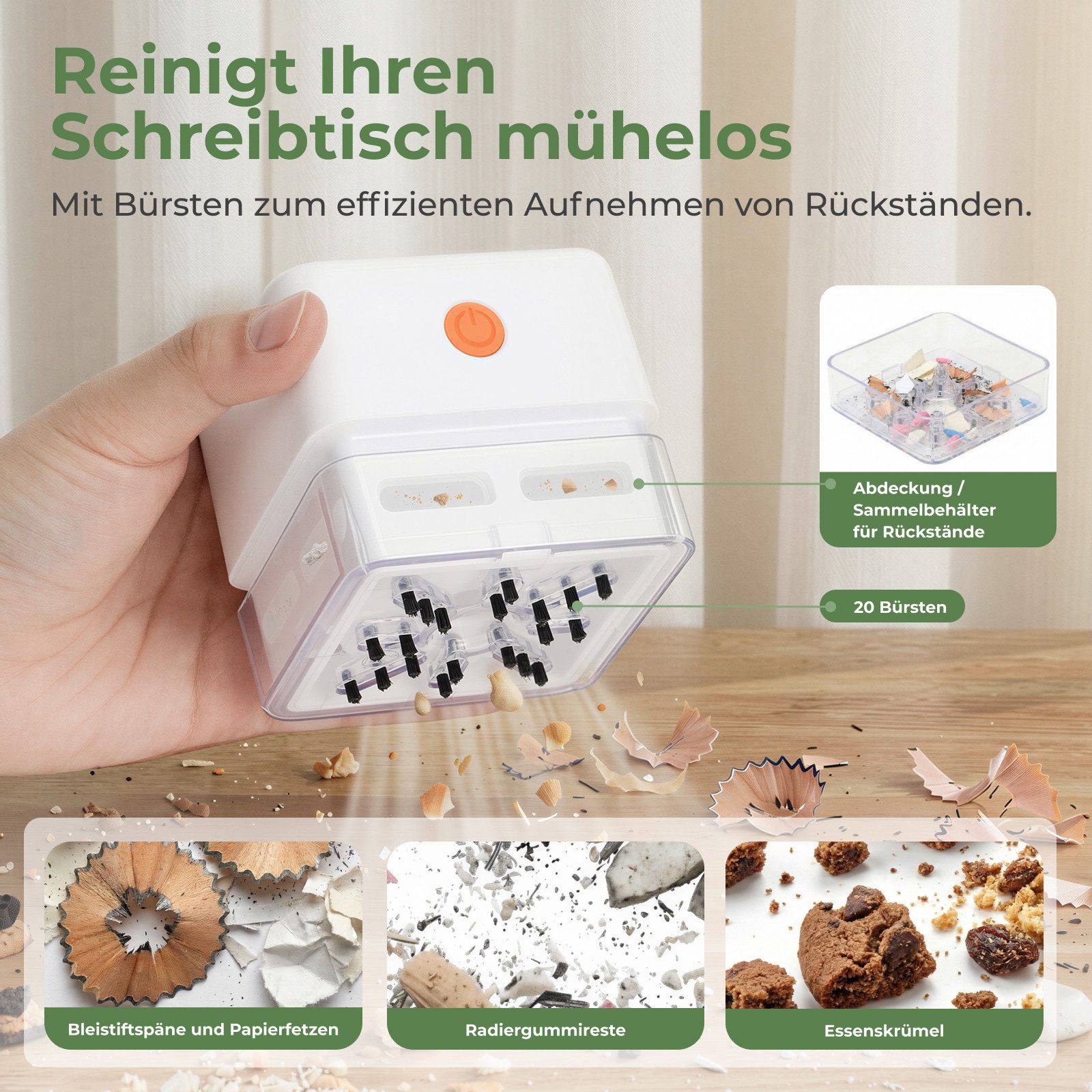 HOKO Akku-Handstaubsauger Mini-Tischstaubsauger USB-C, beutellos, 20 Bürsten, 1200-mAh-Akku, Auto-Off, kompakt für Büro und Schule, BEN