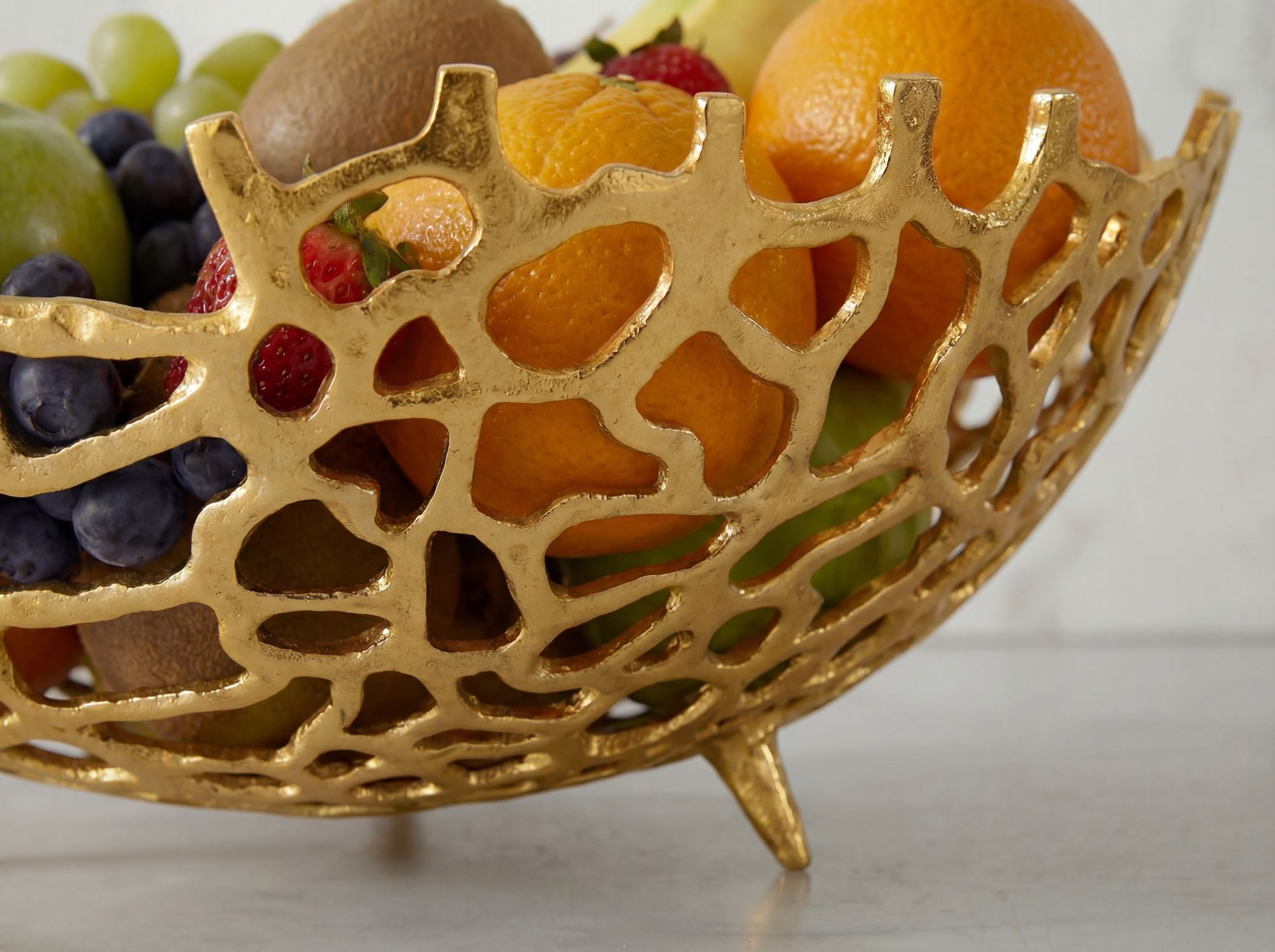 FINEBUY Obstschale FB77651 Früchtekorb Aluminium Gold 46cm Dekoschale Obstkorb Metall, Aluminium, (Schöne Früchteschale in schicker Korallenoptik), Drei kleine  – Bild 5 von 5