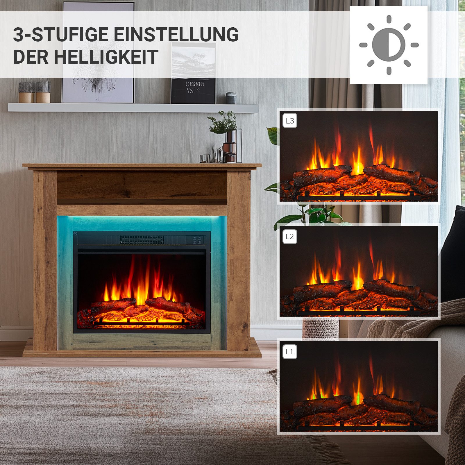 Balderia Elektrokamin Liora, Standkamin mit Ablagefach, 3D-Flammeneffekt, LED-Beleuchtung, Heizung