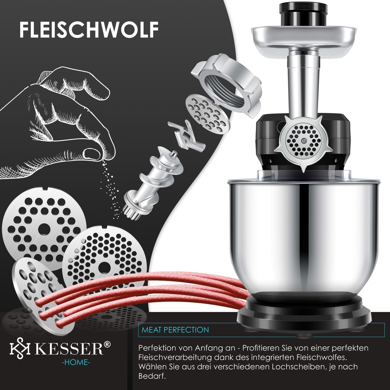 KESSER Küchenmaschine, Universal Küchenmaschine K-KM 3000 mit Fleischwolf Knetmaschine 5,5L