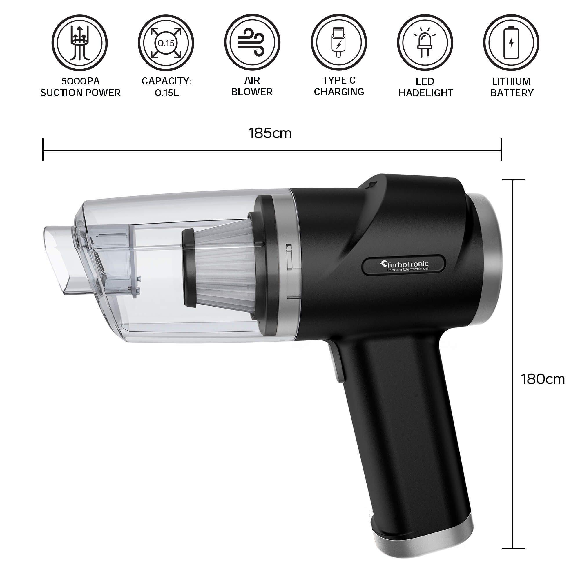 TurboTronic by Z-Line Akku-Handstaubsauger 5KPA Power Handsauger mit 47k RPM Gebläse 2 Stufen kabellos, 40 W, beutellos, 0,15 L beutellos Fugendüse Akku Staubsauger für Auto Haus kabellos