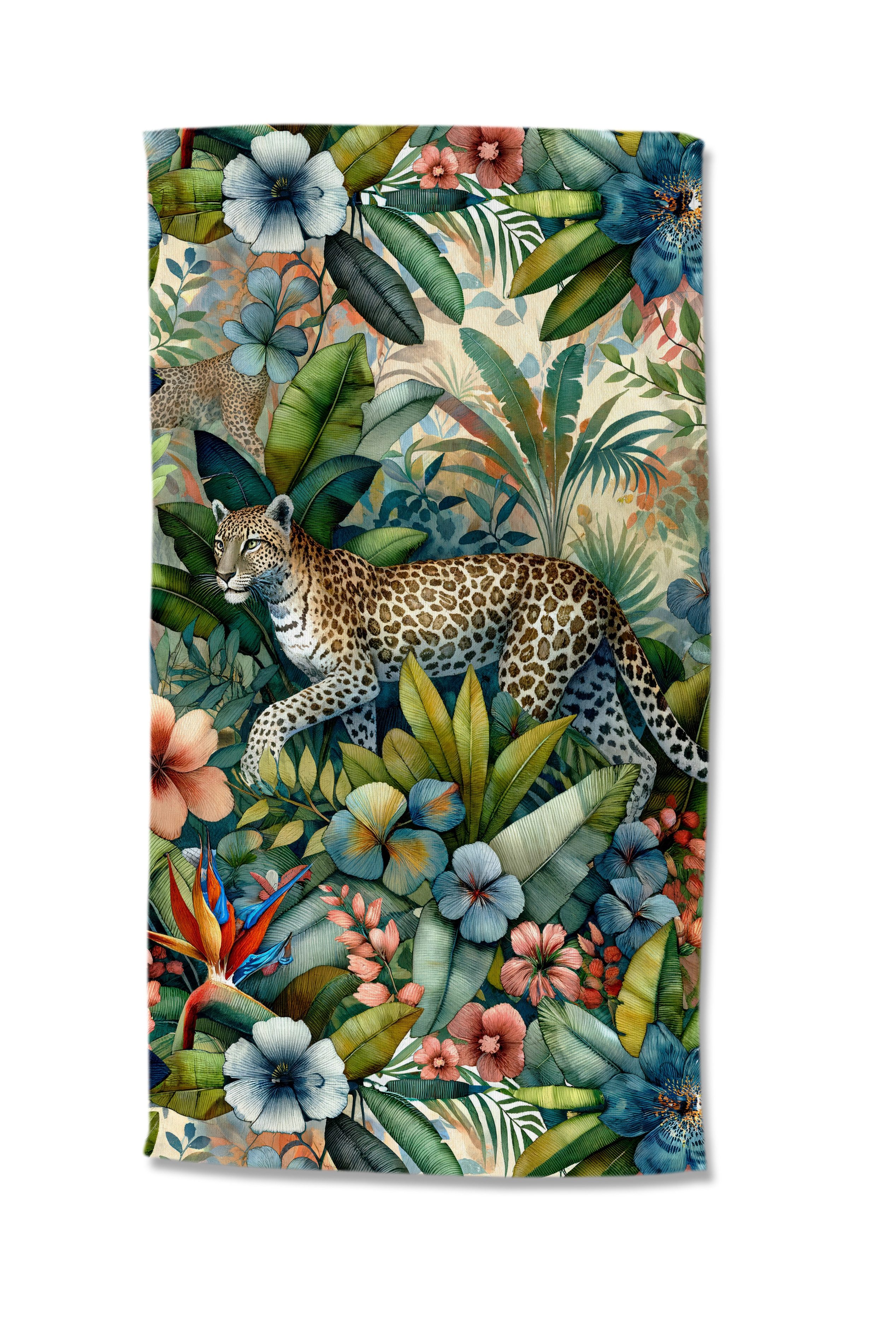 good morning Strandtuch Strandtuch 100x180 cm Frottee Raza Leopard im Dschungel aus Blättern, Frottee (Spar Set, 1-St), 1 x Strandtuch Good Morning 100x180 cm bunt