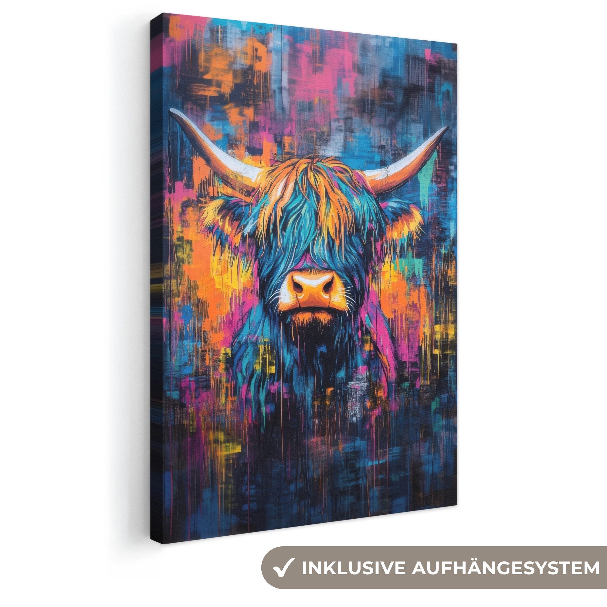 OneMillionCanvasses® Leinwandbild Schottischer Highlander - Abstrakt - Farbenfroh, Fotodruck (1 St), Leinwand Canvas Wandbild, Wanddekoration 20x30 cm