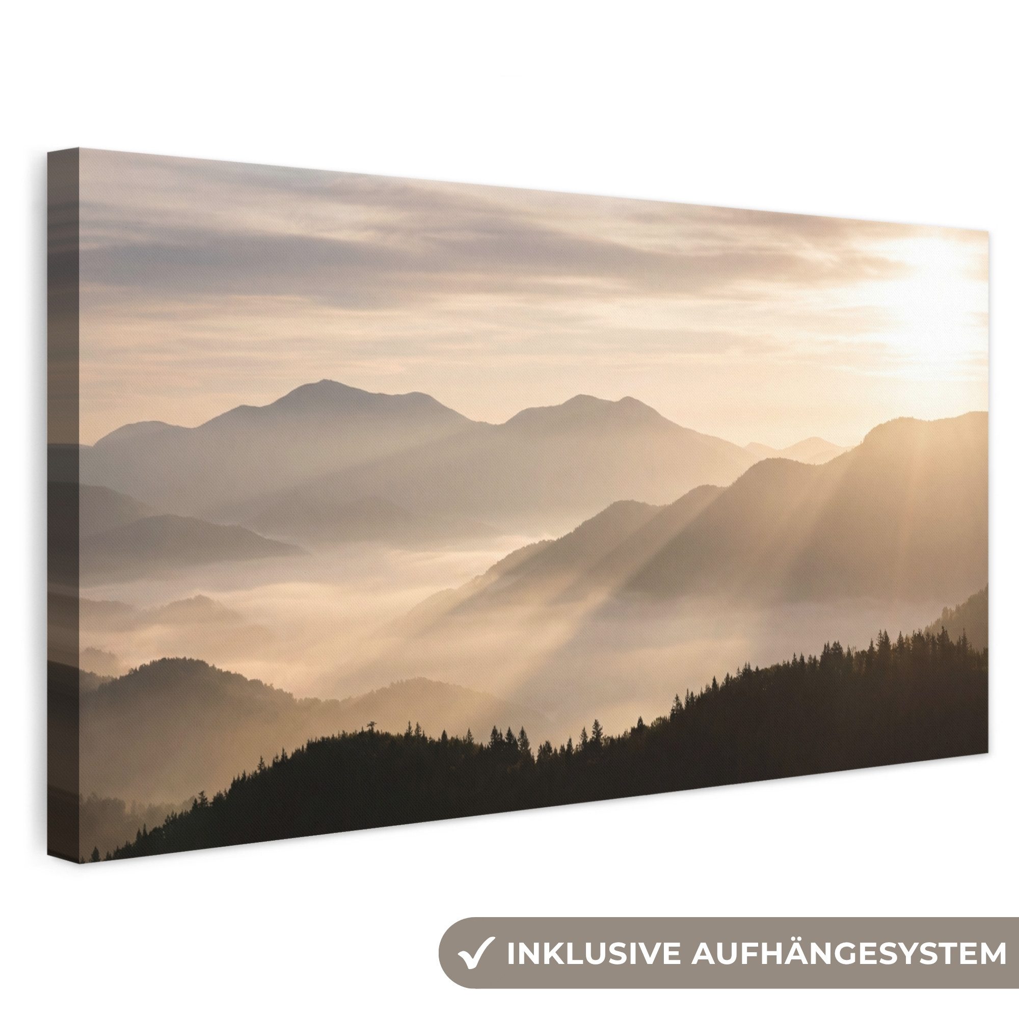 OneMillionCanvasses® Leinwandbild Panorama Berge - Nebel - Sonnenstrahlen, Fotodruck (1 St), Wandbild, Deko Schlafzimmer Wohnzimmer Flur 40x20 cm