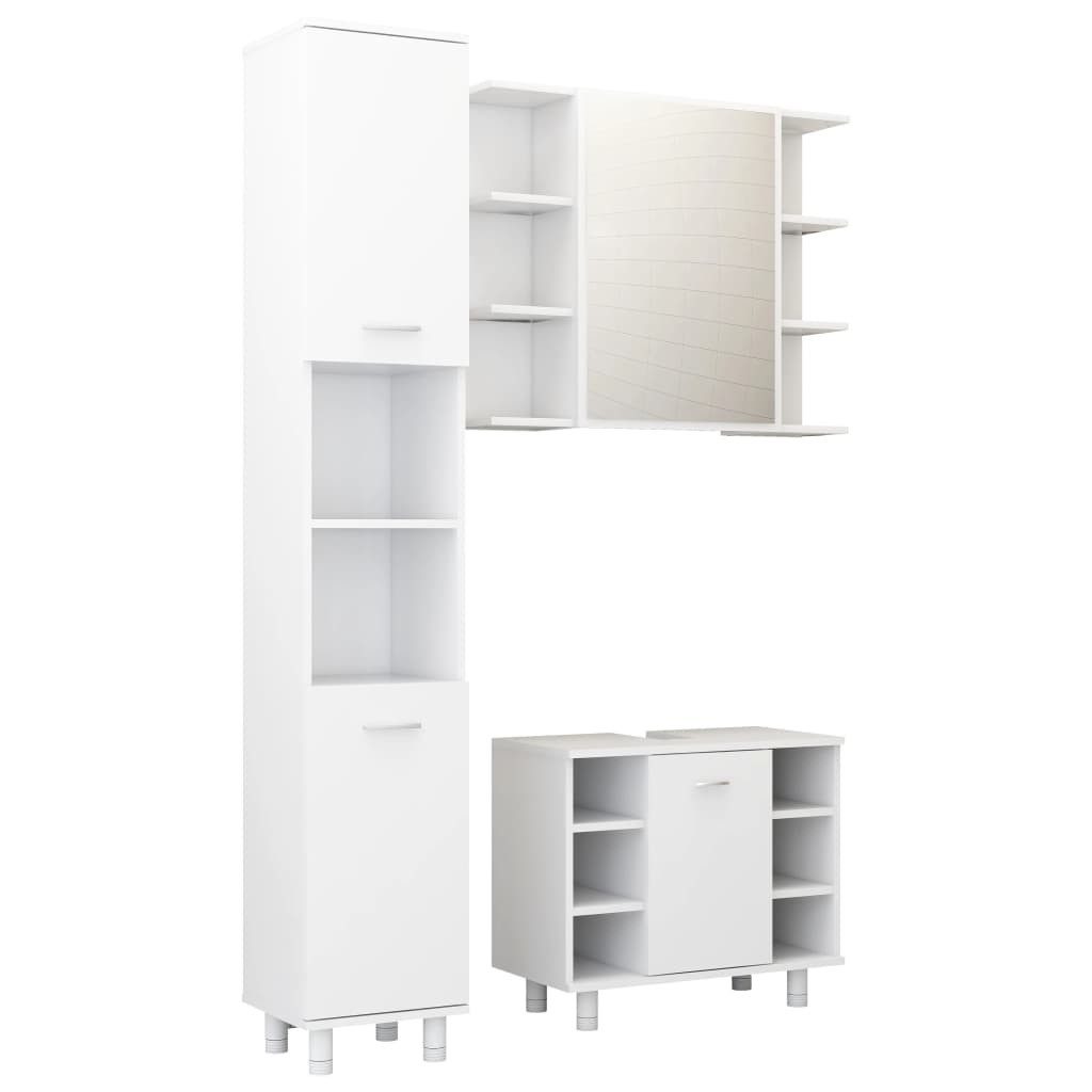 vidaXL Badezimmer-Set NA Badmöbel Set 3tlg Unterschrank Spiegelschrank Hochschrank Weiß Span, (3-St)