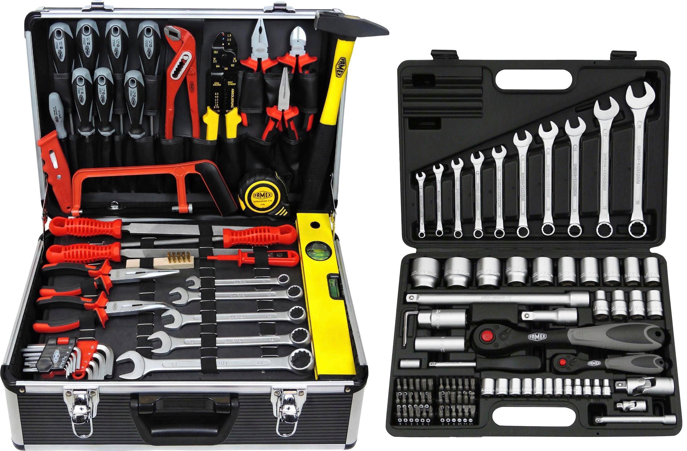FAMEX Werkzeugset 723-47, 170-tlg., Mechaniker Werkzeugkoffer mit Werkzeug,  Stabiler Werkzeugkoffer mit verschraubten Aluprofilen - mit zwei Paletten | Werkzeug-Sets