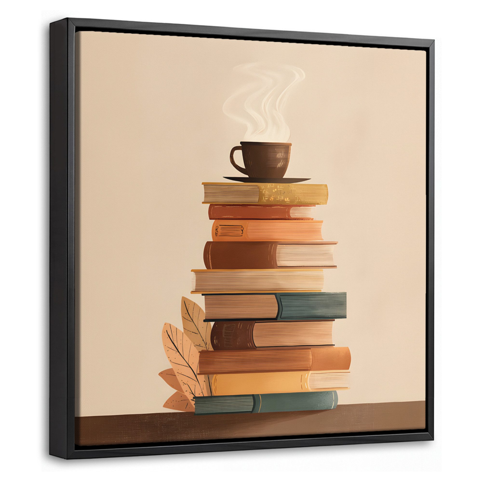 OneMillionCanvasses® Leinwandbild mit Rahmen - Bücher - Turm - Kaffee - Beige, Fotodruck (1 St), Leinwand Bilder Klein, Wand Dekoration Aesthetic 20x20cm
