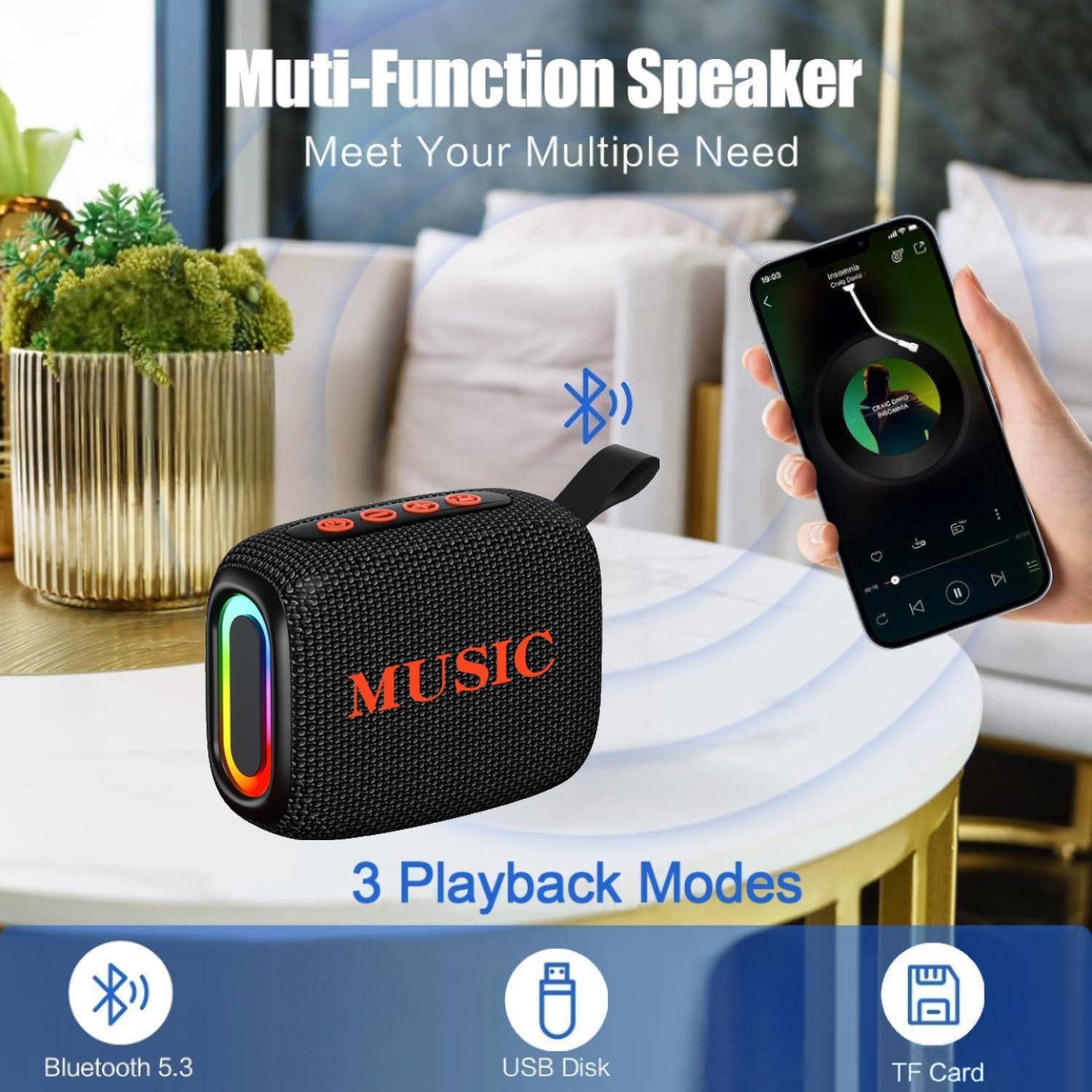 Toomoke Tragbarer Bluetooth Lautsprecher mit Licht,Musikbox Bluetooth 5.3 Lautsprecher (IPX5,1200mAh,10m Reichweite,Tragbarer Outdoor Speaker mit Haken)