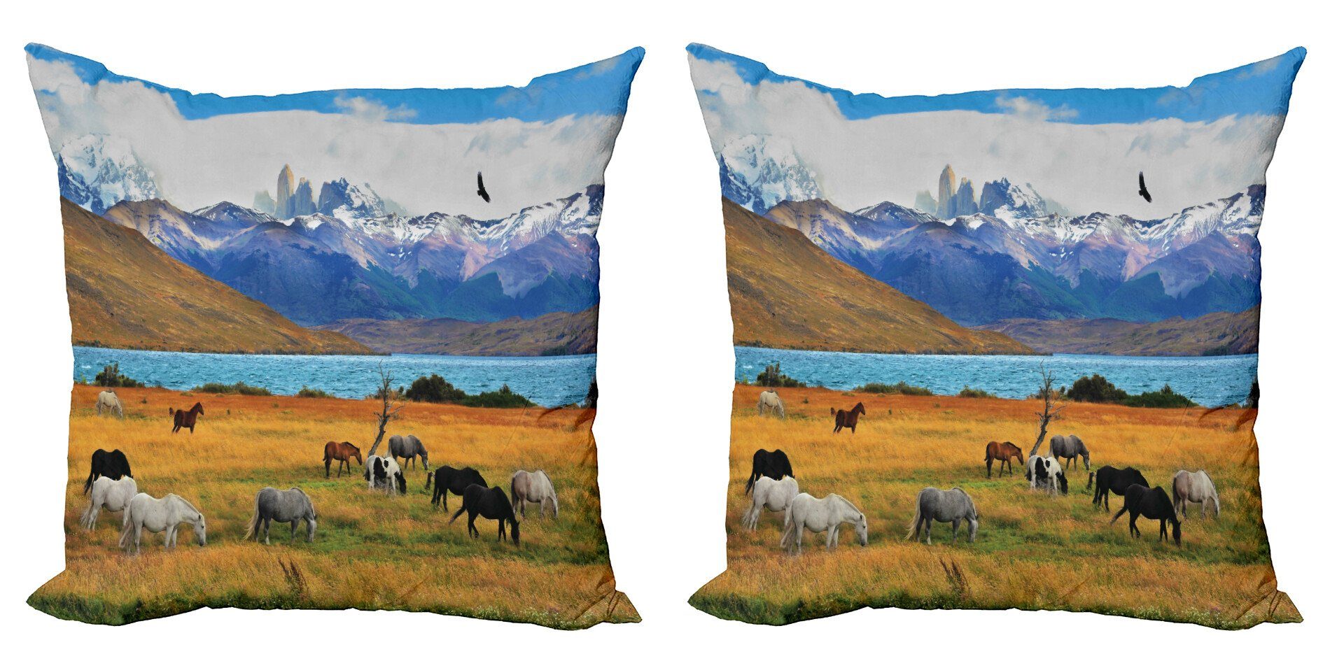 Kissenbezüge Modern Accent Doppelseitiger Digitaldruck, Abakuhaus (2 Stück), Landschaft Bauernhof-Pferd in den Bergen