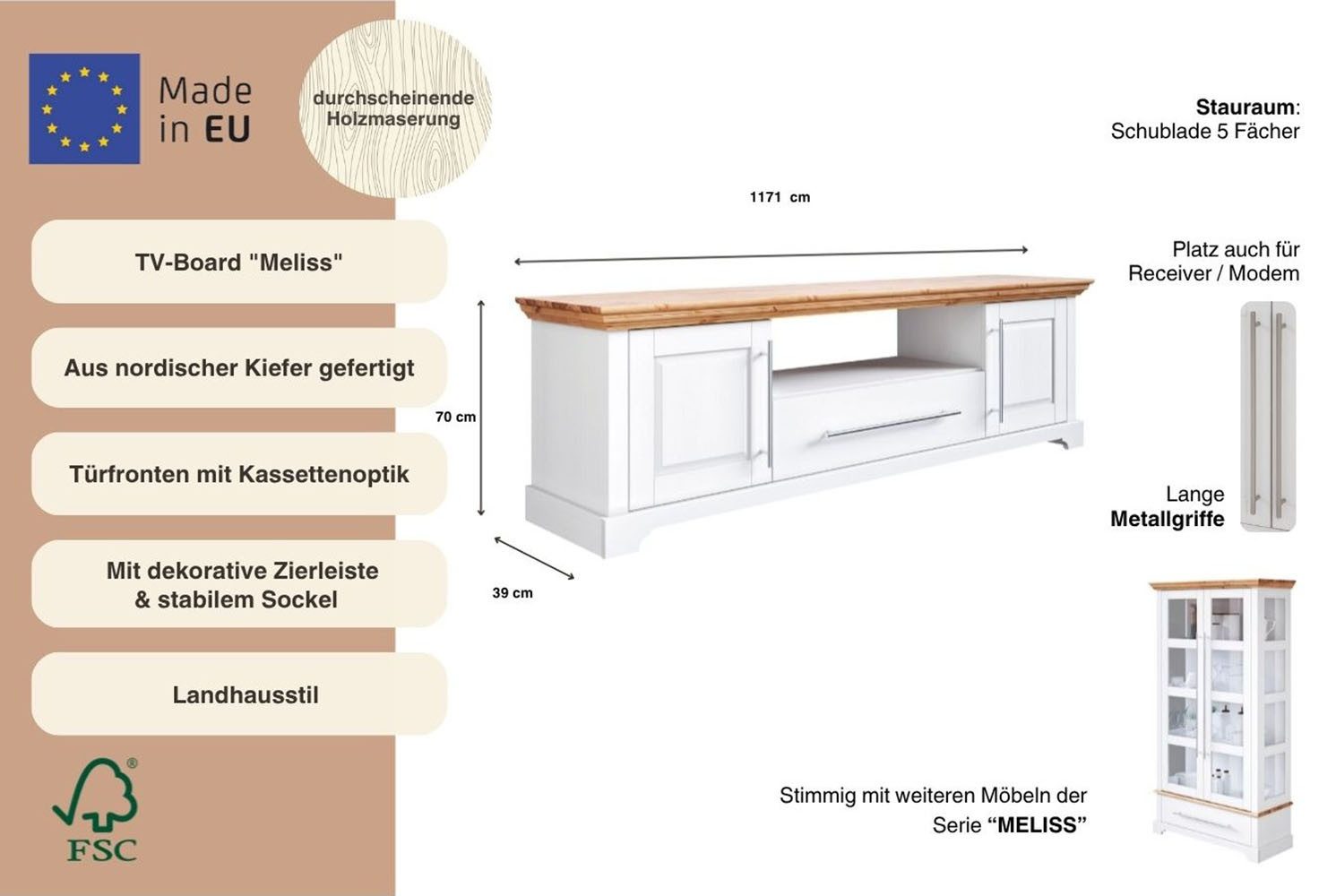 OTTO home TV-Board Melissa, Lowboard, 2-türig, Breite 171 cm, Kiefer massiv, FSC®