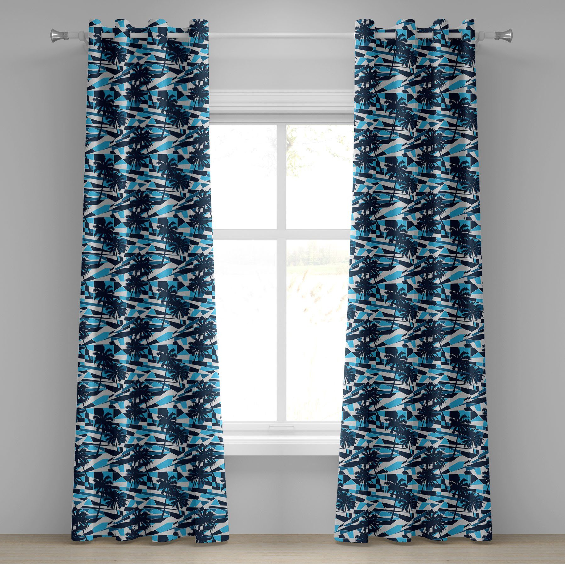 Gardine Dekorative 2-Panel-Fenstervorhänge für Schlafzimmer Wohnzimmer, Abakuhaus, Palme Geometric Blue Shades