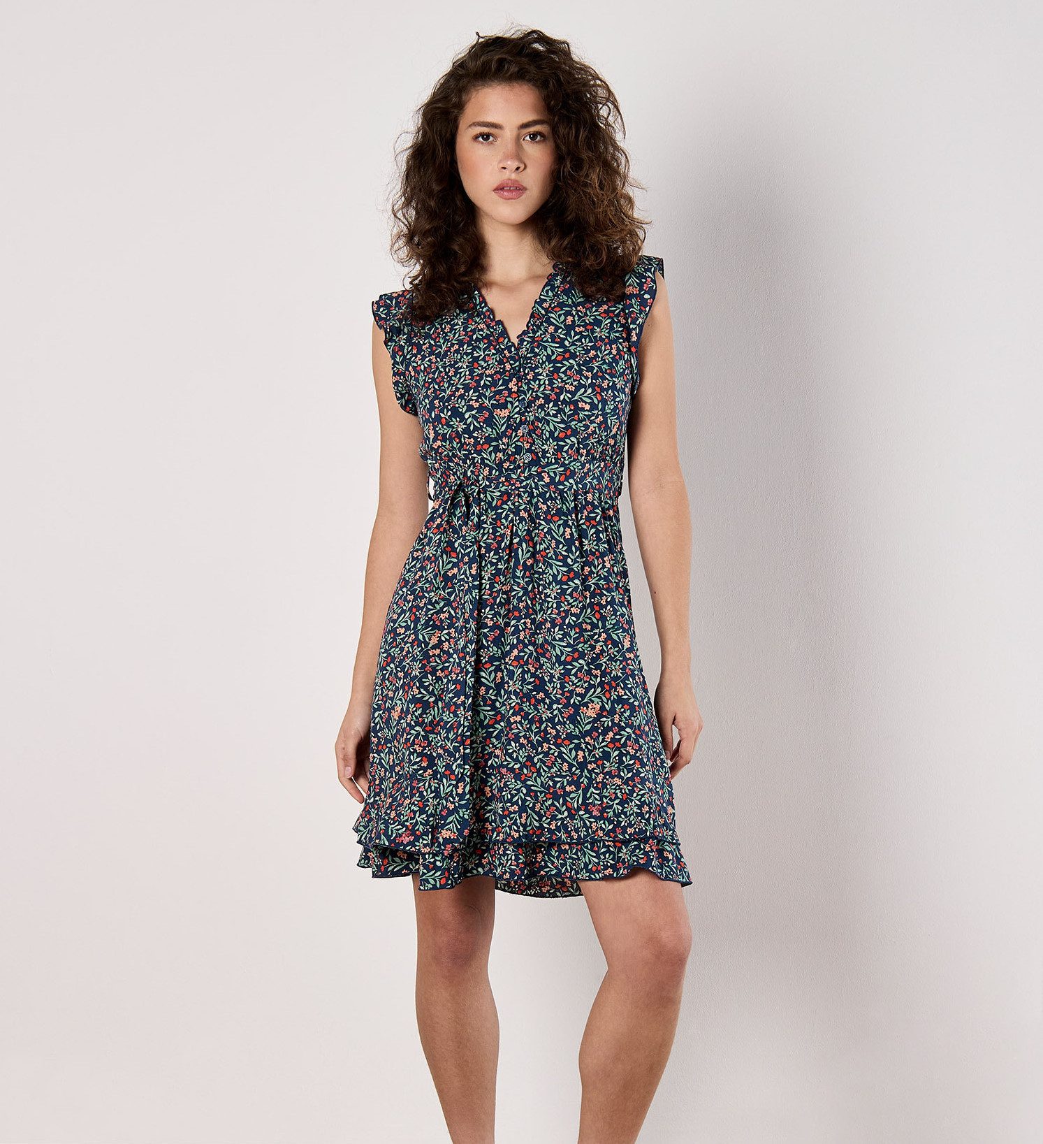 Apricot Druckkleid Blumenwald-Rüschen-Ditsy-Kleid günstig online kaufen