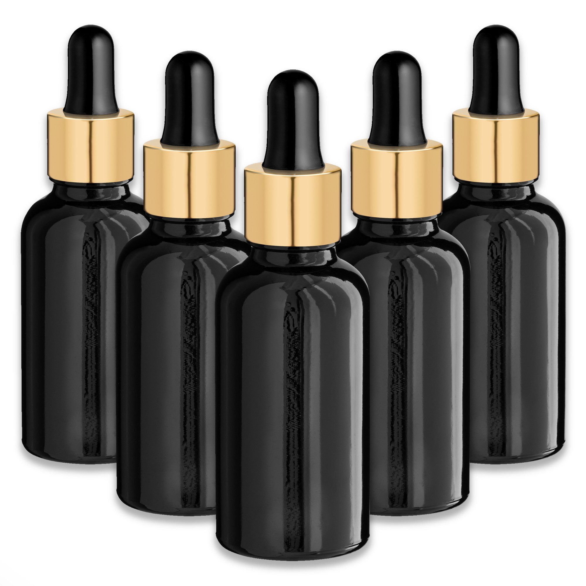 CK Verpackung GmbH Parfümzerstäuber 5x Glasflasche schwarz 30 ml mit goldener Aluminium-Pipette für Öl Set