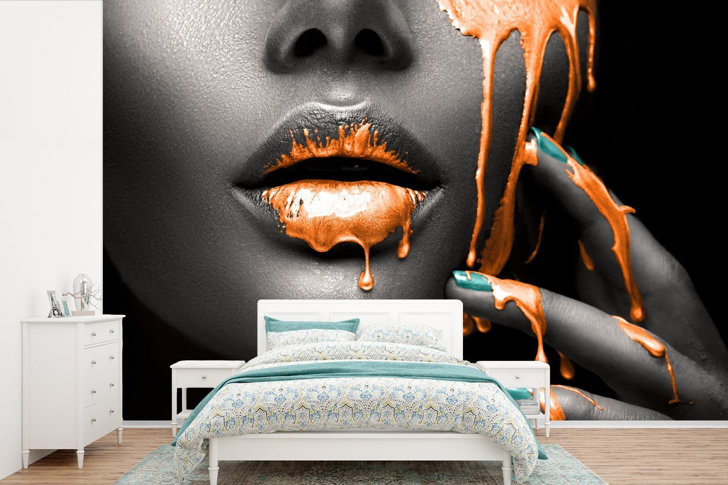 MuchoWow Fototapete Lippen - Orange - Schwarz, Matt, bedruckt, (6 St), Wallpaper für Wohnzimmer, Schlafzimmer, Kinderzimmer, Vinyl Tapete