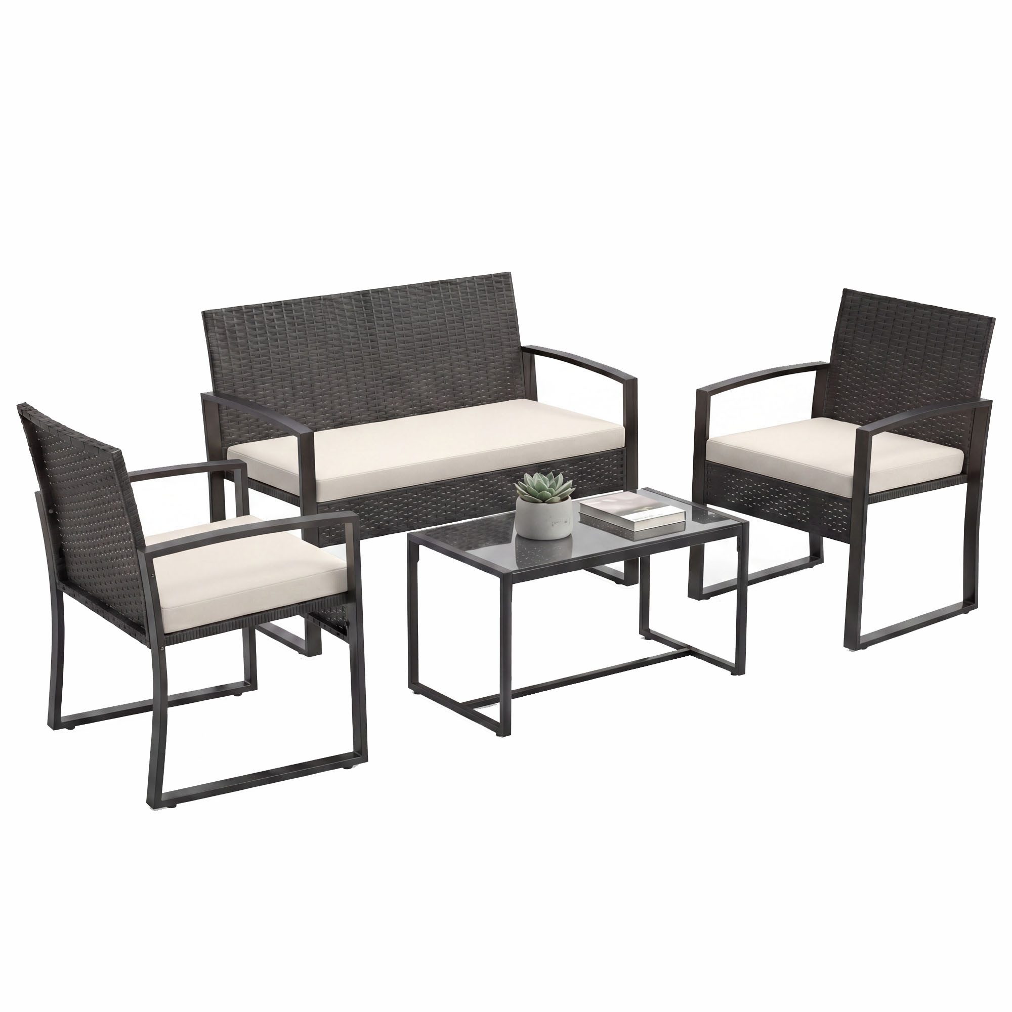 KOMFOTTEU Balkonset, (4-tlg), aus Polyrattan mit Glas-Couchtisch, 2 Sesseln & Zweisitzer