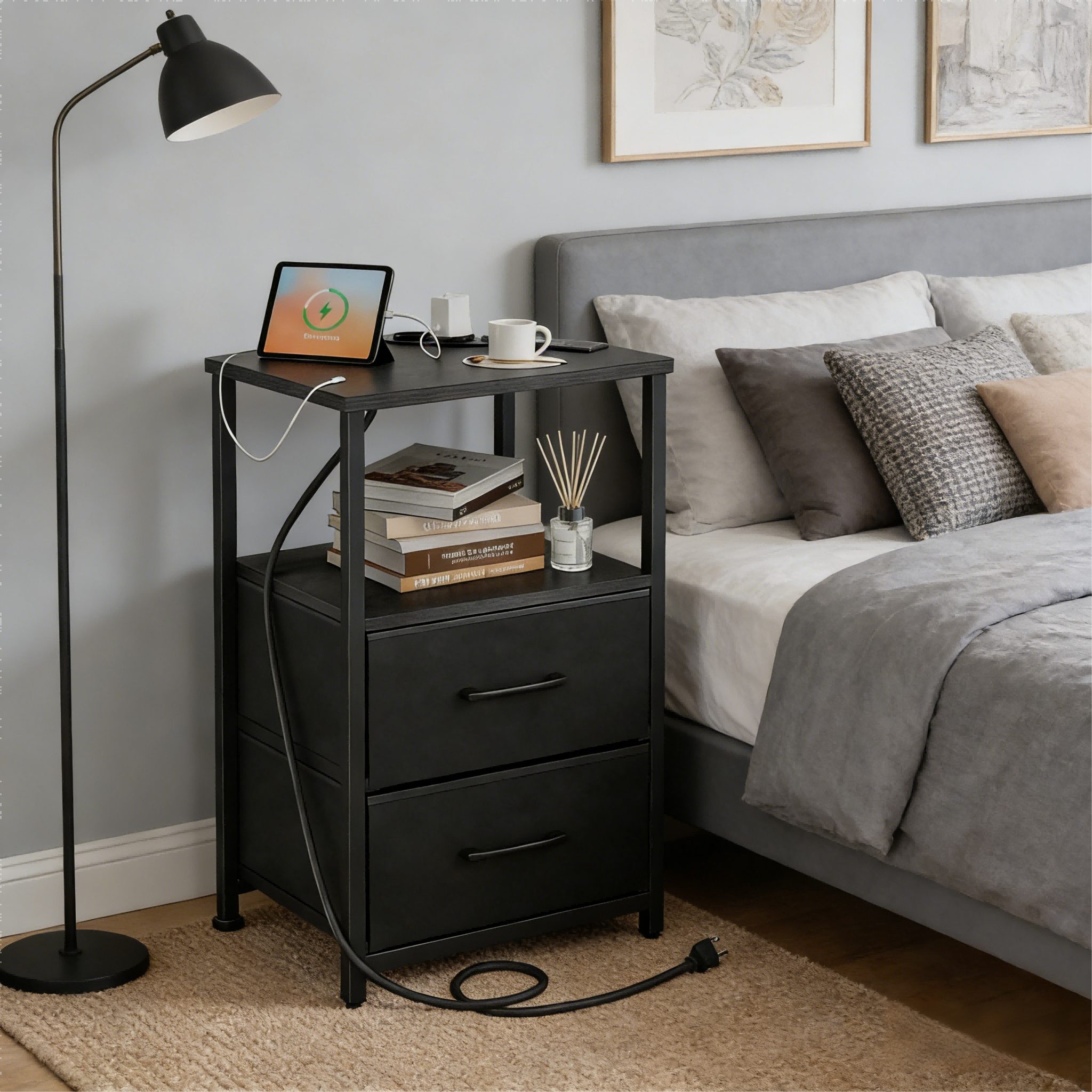 Forrlite Nachttisch Nachttisch,USB-Anschlüssen&Steckdosen,60x40x28cm,Beiste günstig online kaufen