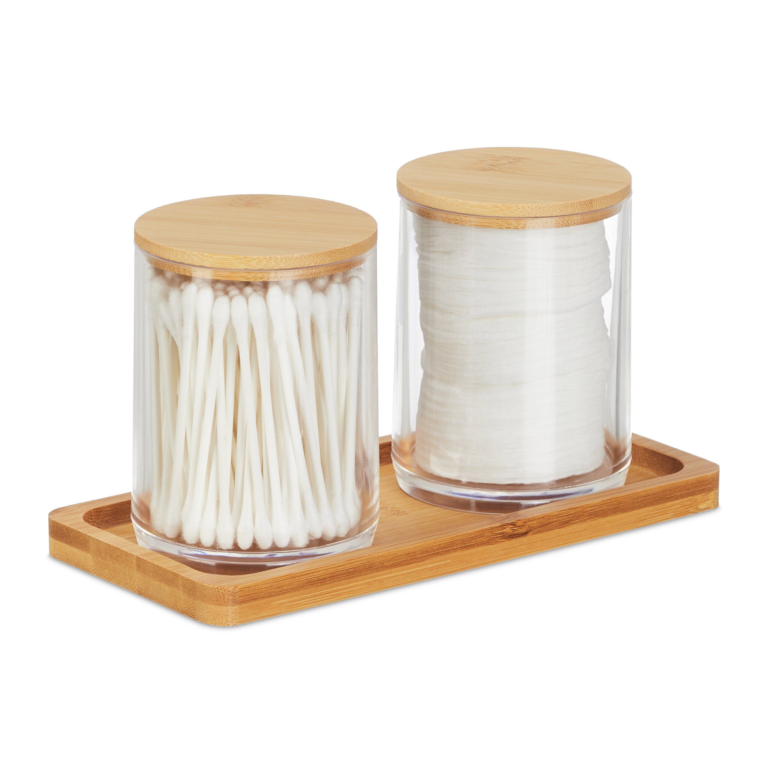 relaxdays Make-Up Organizer Wattestäbchenbehälter mit Tablett, 3-tlg.