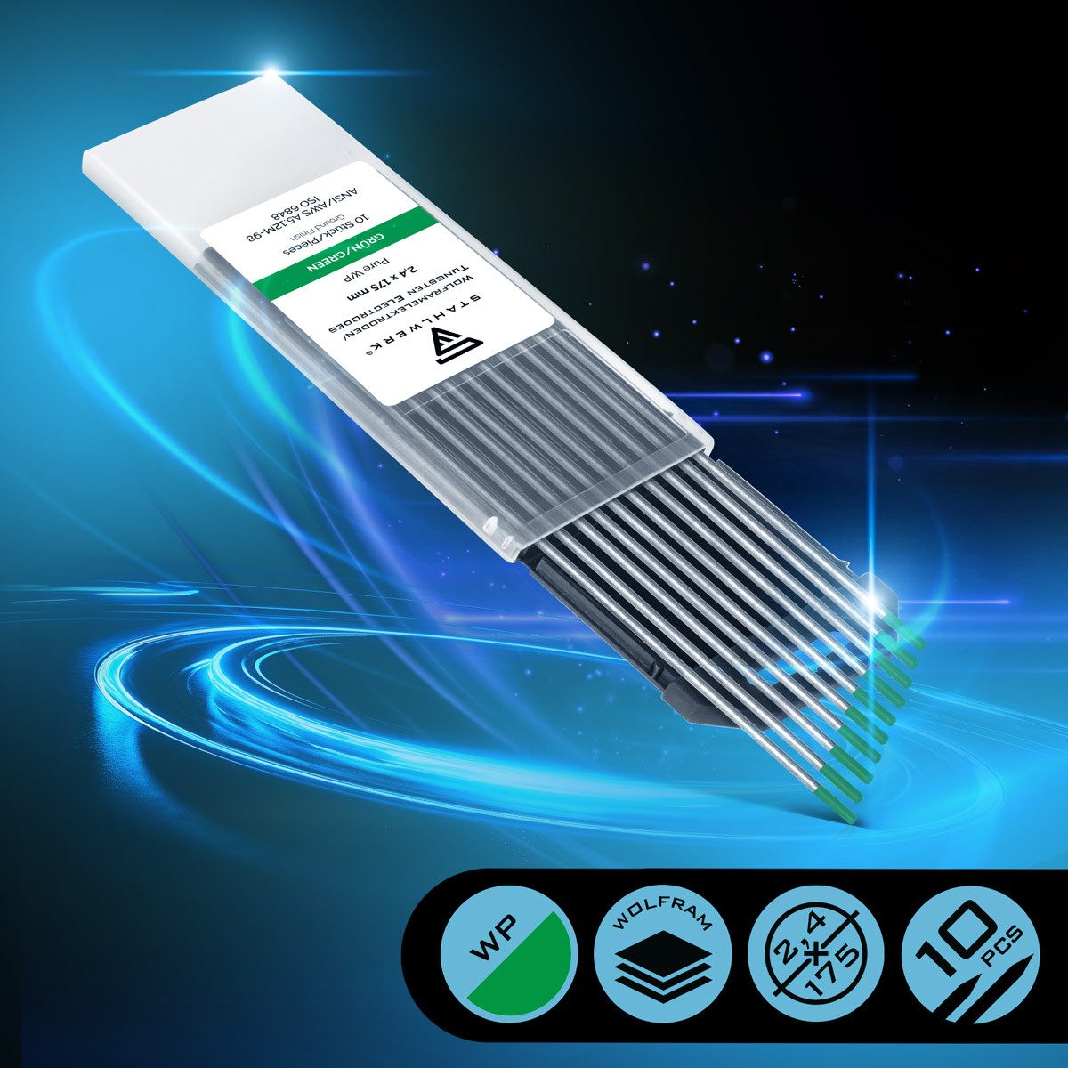 STAHLWERK Stabelektroden 10 x WIG Wolfram Schweißelektroden Grün 2,4 mm, (Packung), Universalelektrode für nahezu alle Anwendungen bis 160 A.