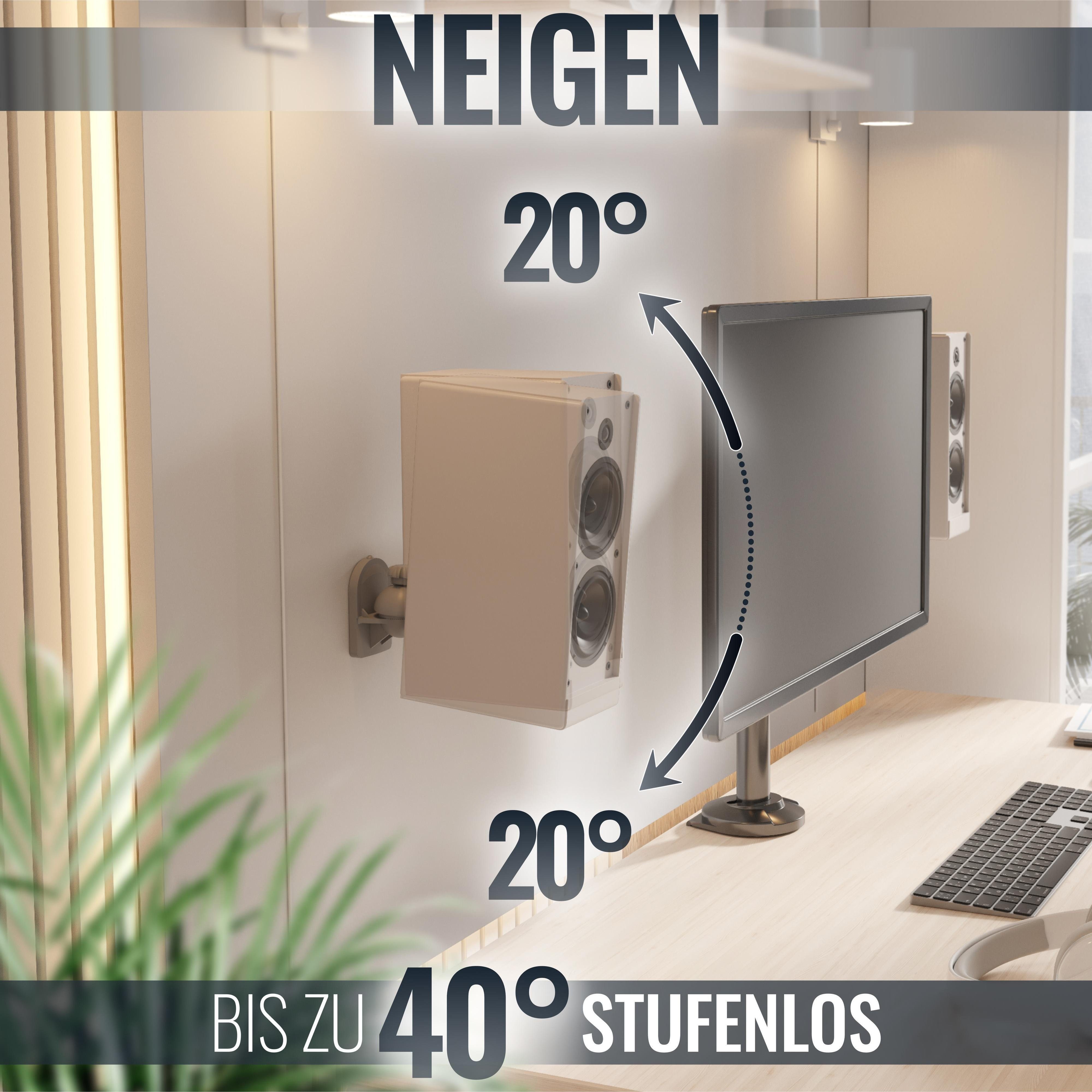 RICOO Lautsprecher-Wandhalterung Lautsprecher Set Halterung schwenkbar neigbar LH028-W, (Set 2 Stk. Box Speaker Halter weiss, 1-tlg., 2x universal Wandhalter für Lautsprecher Boxen schwenkbar neigbar, 2x Lautsprecher Wandhalterungen 2,5 kg Belastbarkeit 6,4 x5 x 8,8 cm)