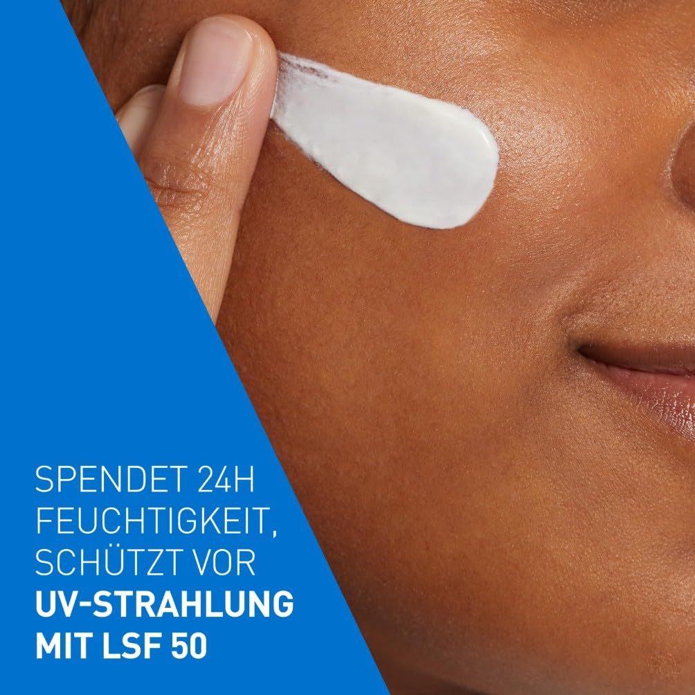 Cerave Gesichtspflege Feuchtigkeitscreme mit LSF 50, für trockene bis sehr trockene Haut, Tagescreme mit Hyaluron und 3 essenziellen Ceramiden