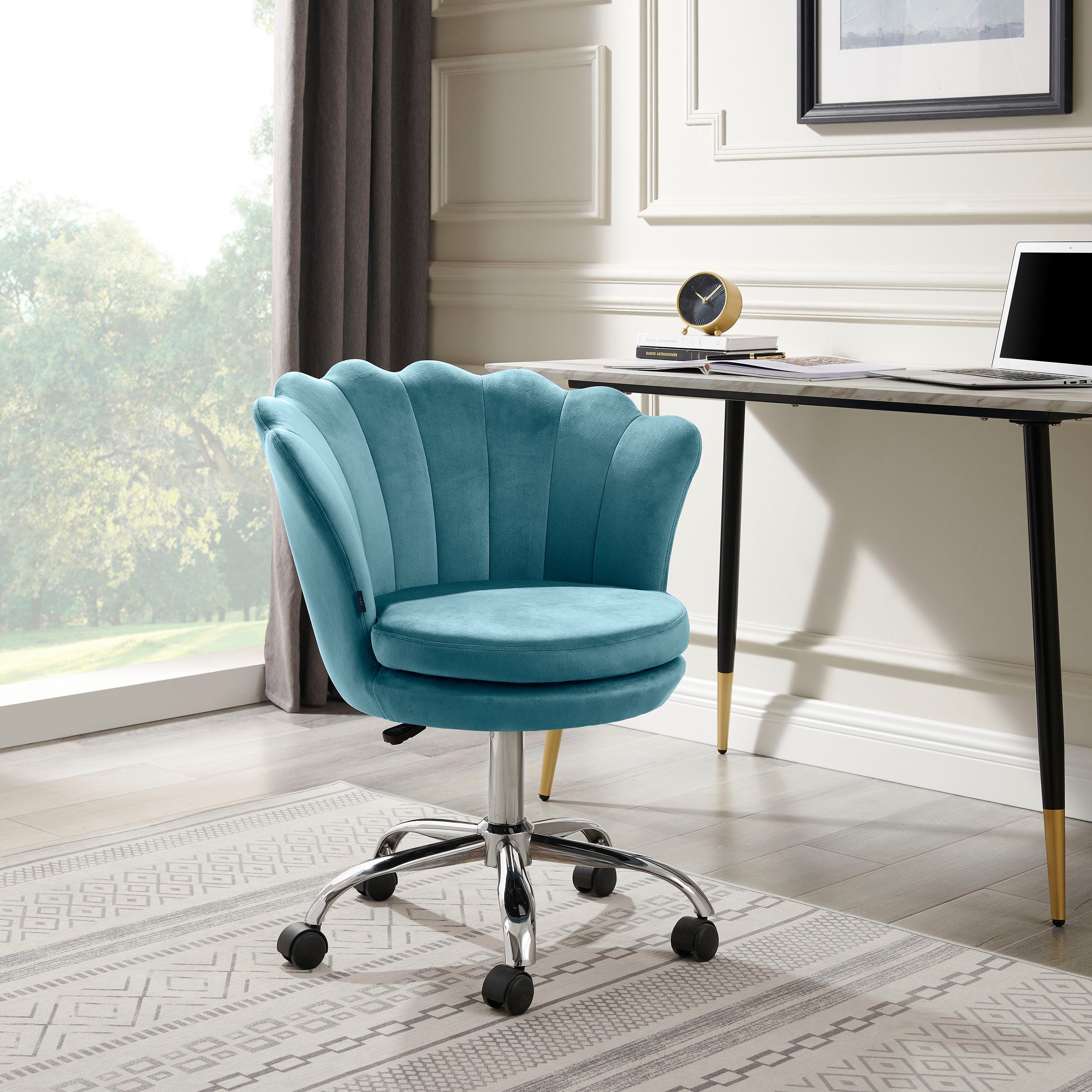 Helleu Bürostuhl | mit Veloursstoff Leonique (1 blau höhenverstellbar, St), drehbar Nähten, blau 360° horizontalen