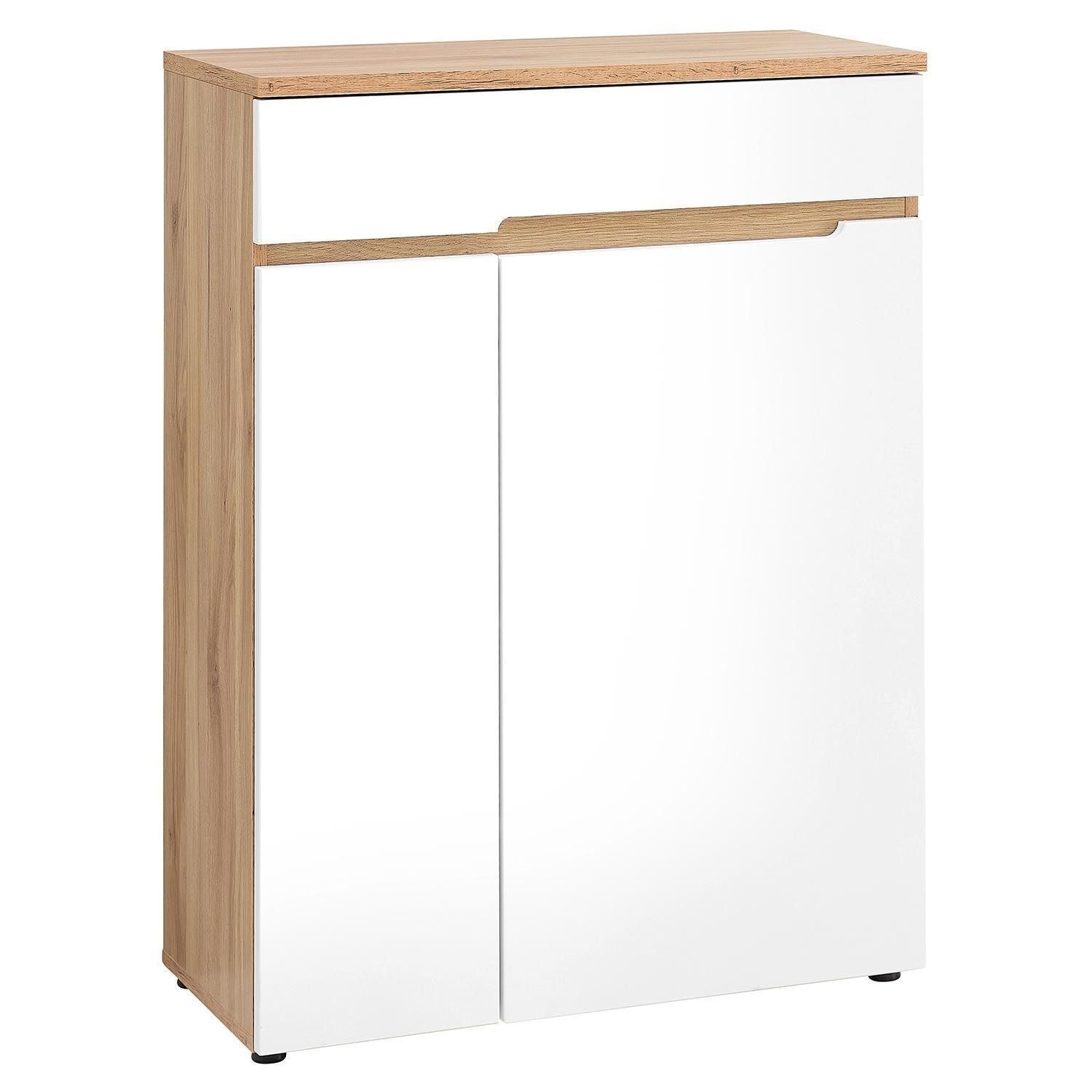 Vito Kommode CLYDE, Mauvella Eiche Dekor, Weiß supermatt, 2 Türen, 1 Schublade, B 80 x H 107 x T 38 cm