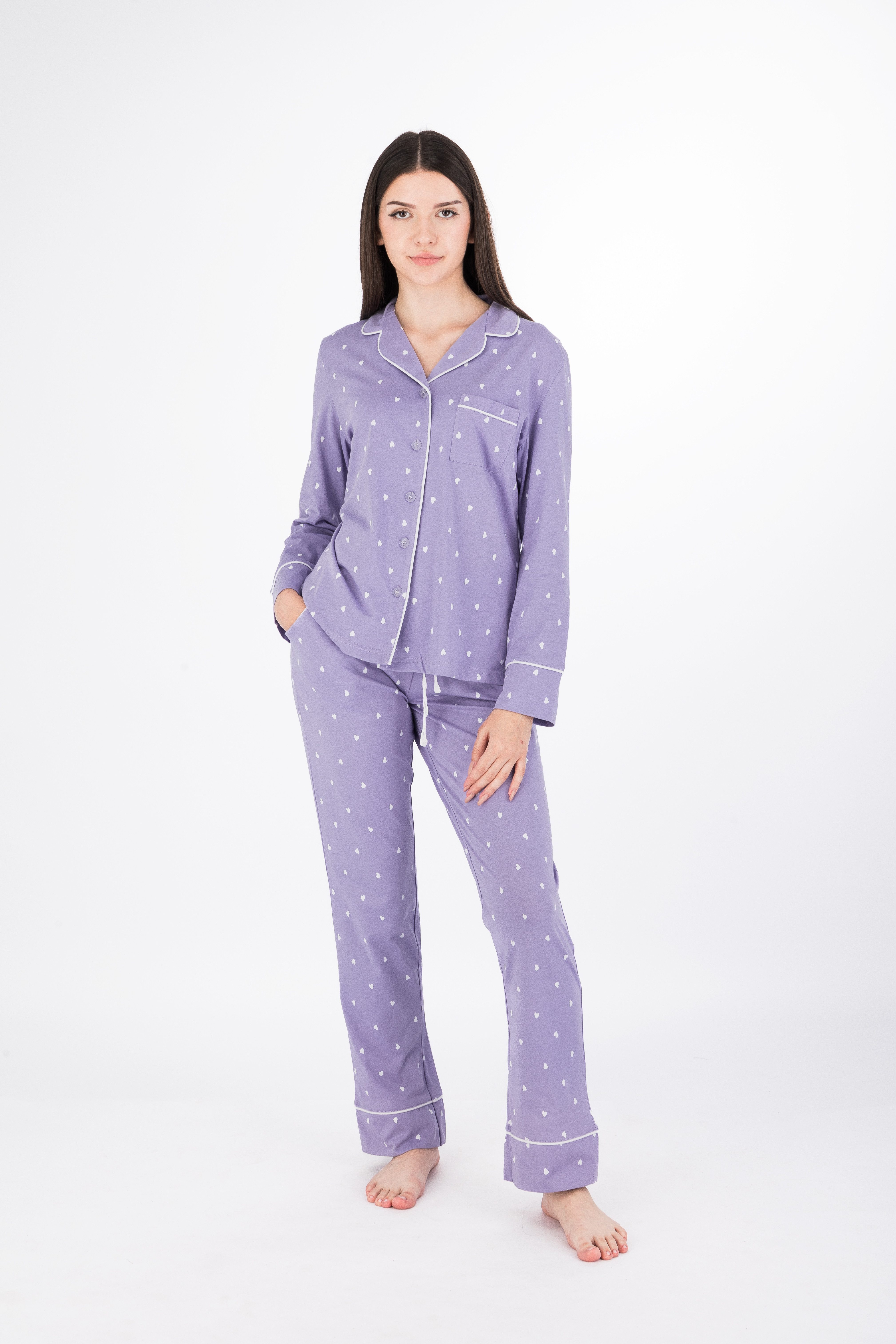 SNOOZE OFF Pyjama Schlafanzug in zartem flieder mit weißen Herzen (2 tlg., 1 Stück) und Kontrastpaspeldetails