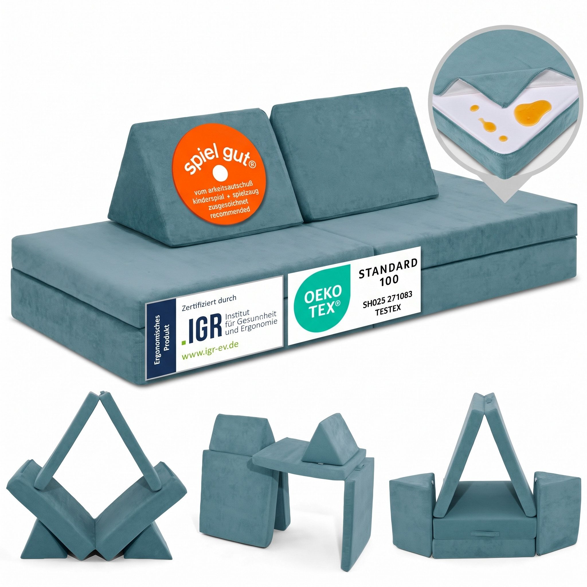 Linodino Kindersofa Spielsofa I aus Schaumstoff Bausteine I Spielcouch für Kinder, Wasserfeste Unterbezüge, Waschbare Chenille Bezüge 30°