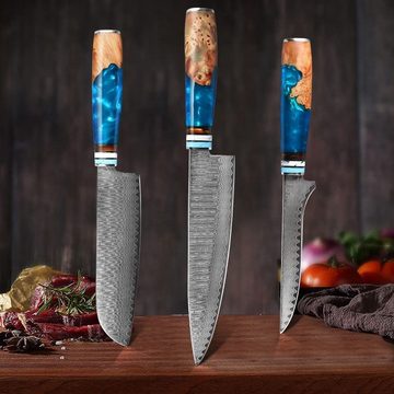 KingLux Messer-Set 3tlg.Damast Küchenmesser-Set Chef Santoku Ausbeinmesser (3-tlg)