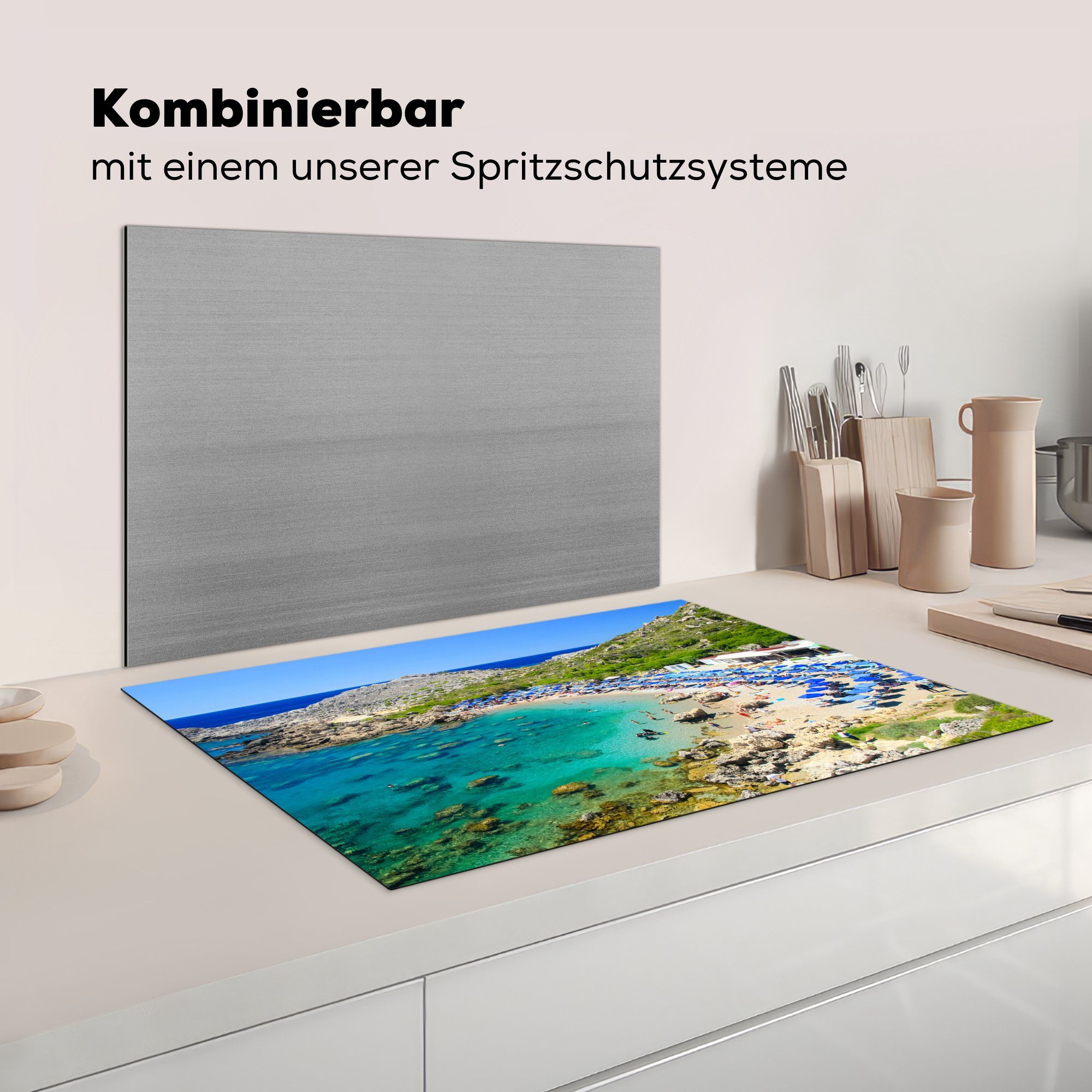 MuchoWow Herdblende-/Abdeckplatte Sonnenschirme Induktionskochfeld - Meer Griechenland, für Vinyl, tlg), - (1 die 81x52 Schutz Ceranfeldabdeckung cm, küche