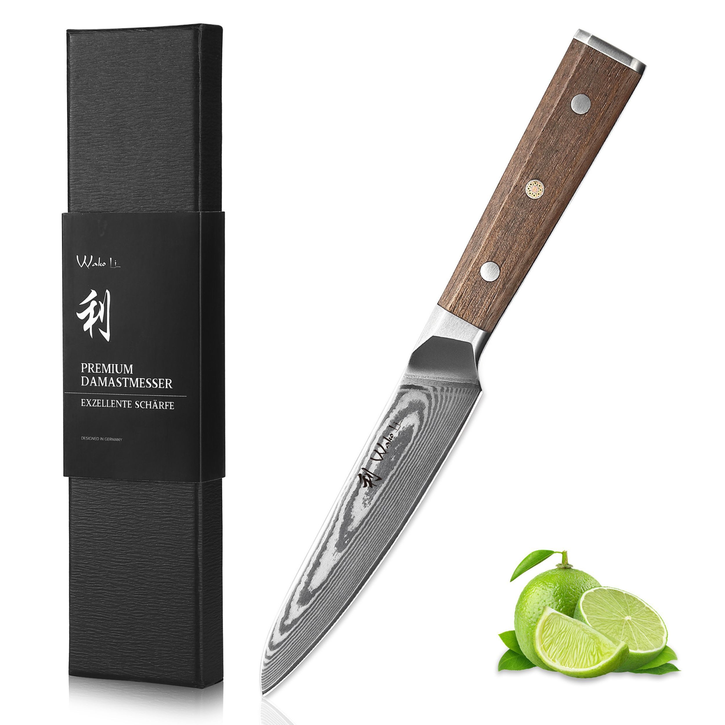 Wakoli Allzweckmesser Damast Allzweckmesser 13 cm Klinge Full Tang Walnussholzgriff, Damaststahl, Full Tang, VG-10