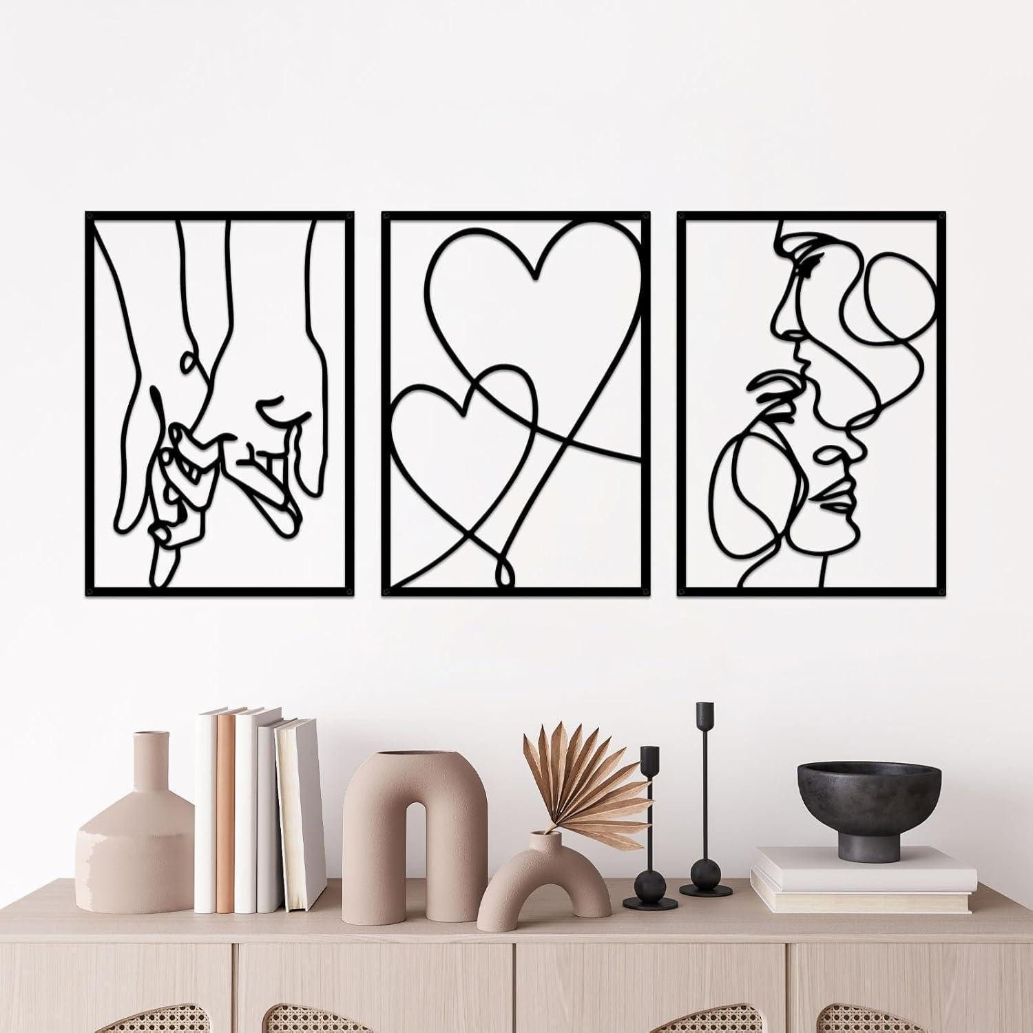 ESTART Wanddekoobjekt Minimalistische Metall-Wanddekoration 3er Set Valentinstag Liebe Kuss