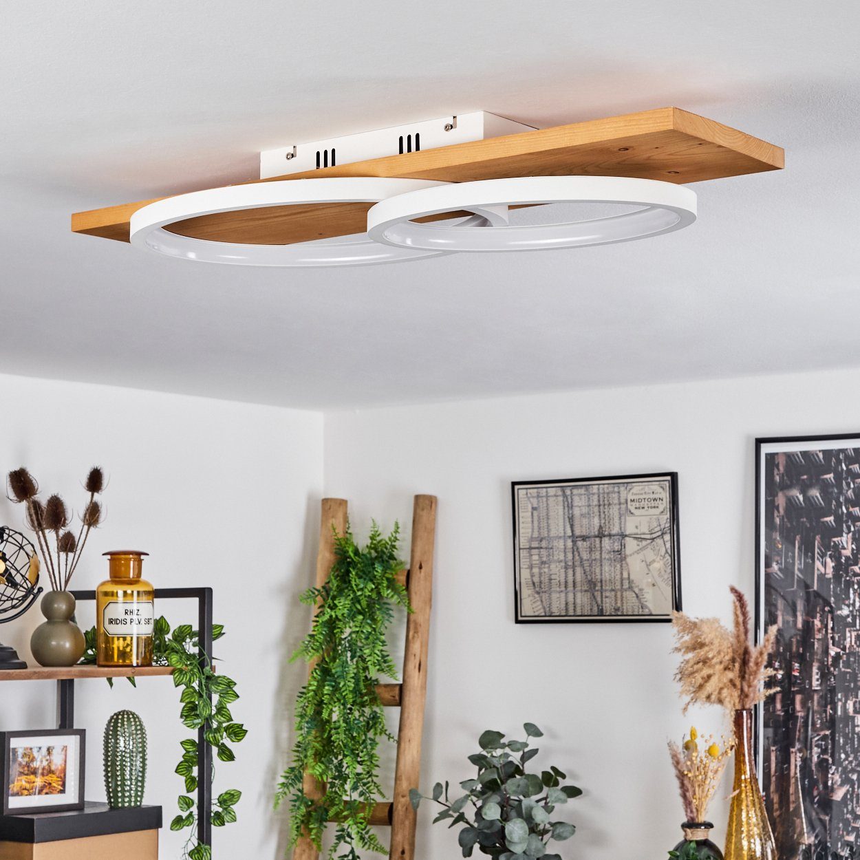 Deckenlampe Watt 75cm, in dimmbar 3000 hofstein 30 3500 »Palermo« Natur/Weiß, 1xLED Deckenleuchte Lichtschalter, Kelvin, über moderne aus Lumen, Metall/Holz/Kunststoff