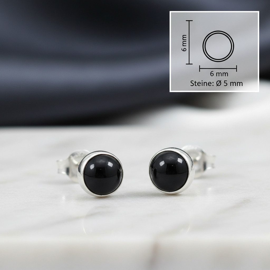 mantraroma Paar Ohrstecker SAMA rund klein aus 925 Silber mit Onyx (Paar, Paar Ohrringe mit Schmuckbeutel), 925 Sterling Silber Ohrringe für Damen