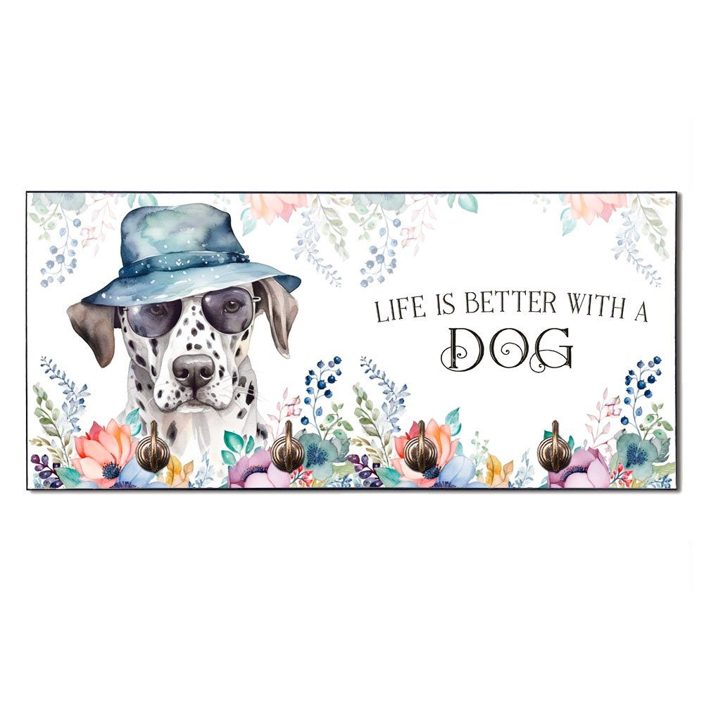 Cadouri Wandgarderobe DALMATINER Hundegarderobe - Wandboard für Hundezubehör (Garderobe mit 4 Haken), MDF, mit abgeschrägten Ecken, handgefertigt, für Hundebesitzer