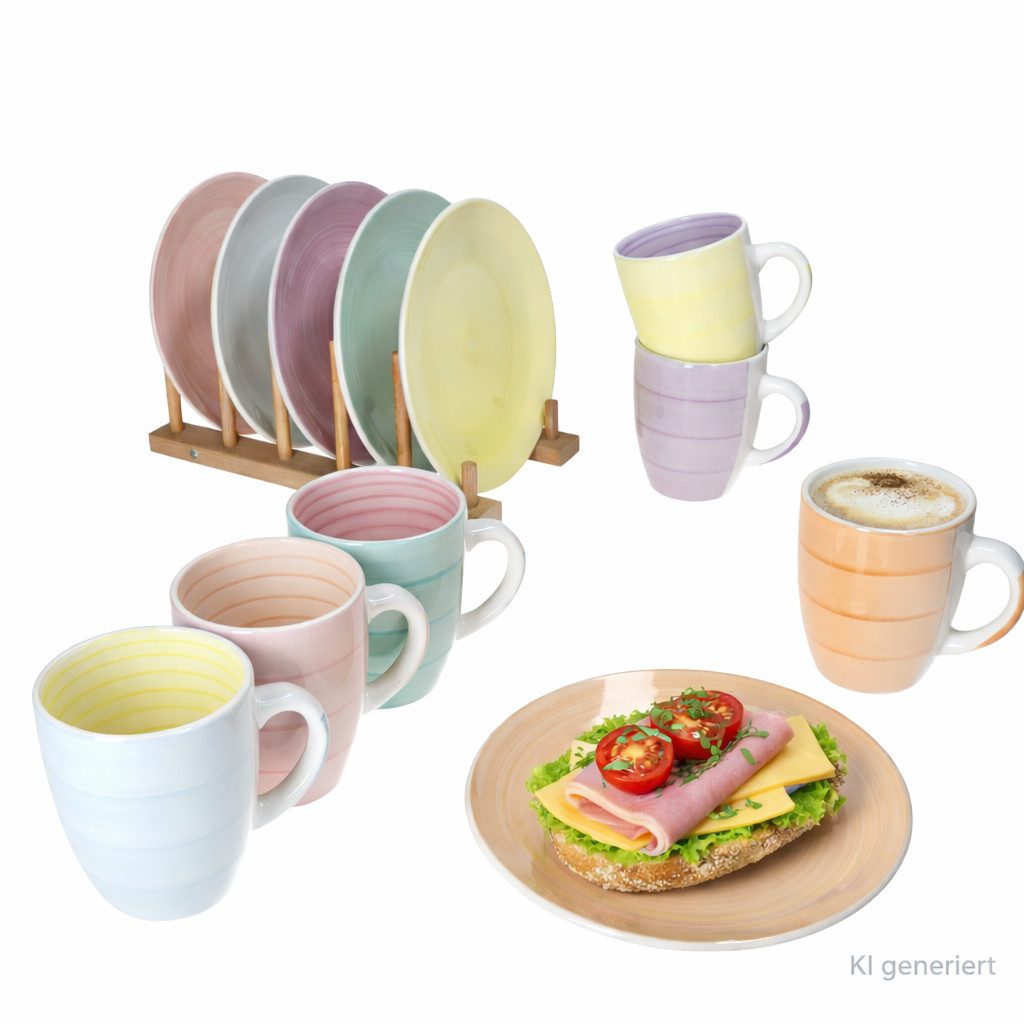 MamboCat Frühstücks-Geschirrset 12tlg Frühstücksset Pastello Steingut pastell-Farben Teller Becher, Steingut