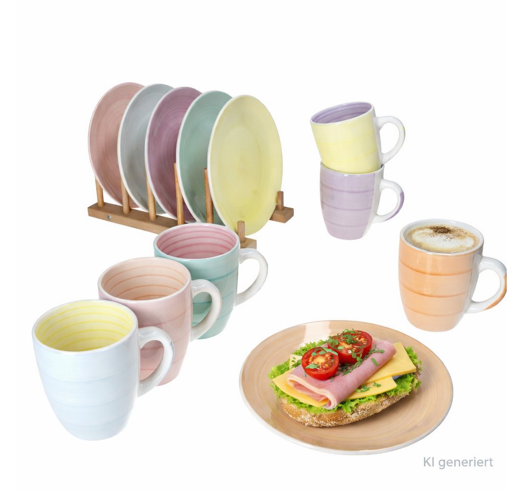 MamboCat Frühstücks-Geschirrset 12tlg Frühstücksset Pastello Steingut pastell-Farben Teller Becher, Steingut