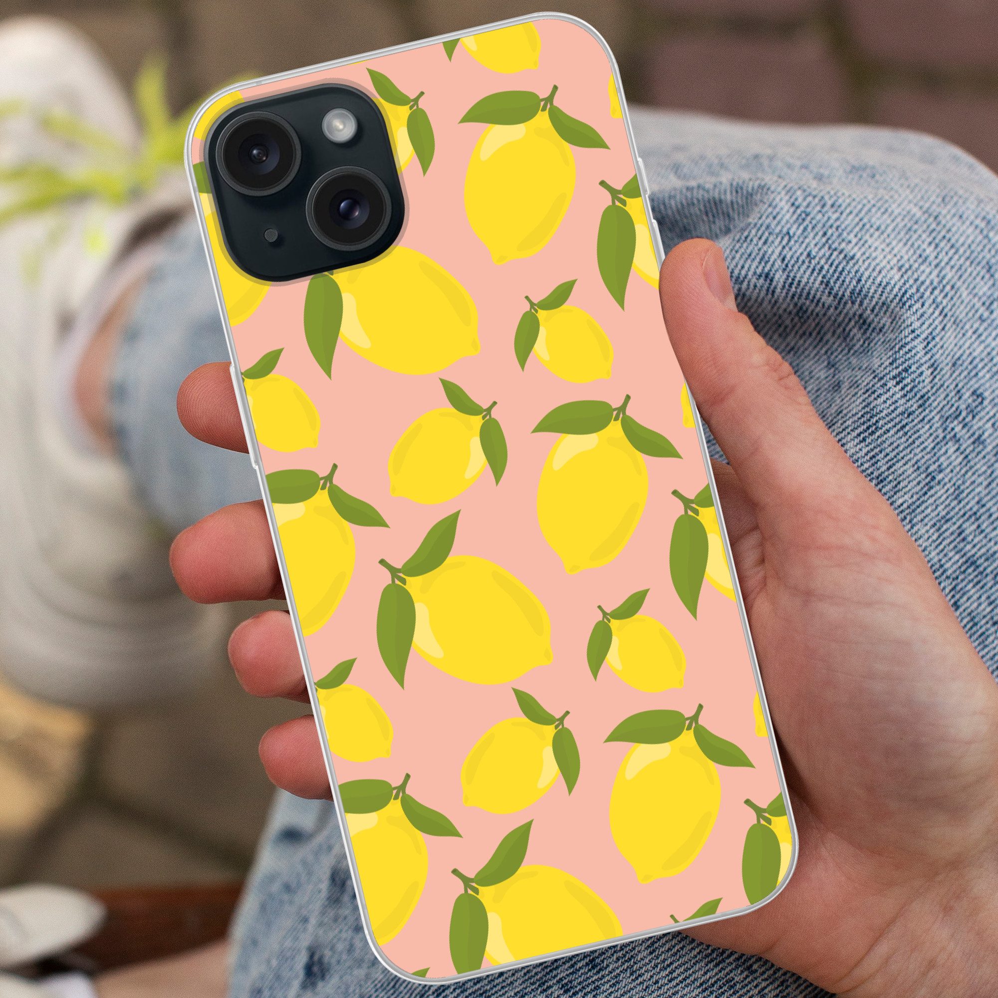 MuchoWow Handyhülle für Apple iPhone 15 Plus Zitronen - Gelb - Rosa - Muster - Obst, Smartphone-Bumper, Print, Handy Schutzhülle Dünn