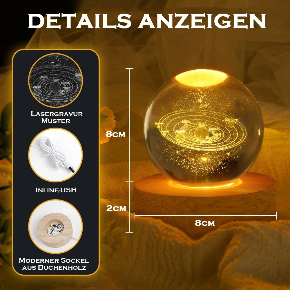 TUWENA LED Nachtlicht 3D Kristall Kugel Nachtlicht, 8cm Glaskugel-Nachtlampe mit Holzsockel, USB betrieben kugeln Lampe, Dekorationen, Geschenke für Frauen, Kinder
